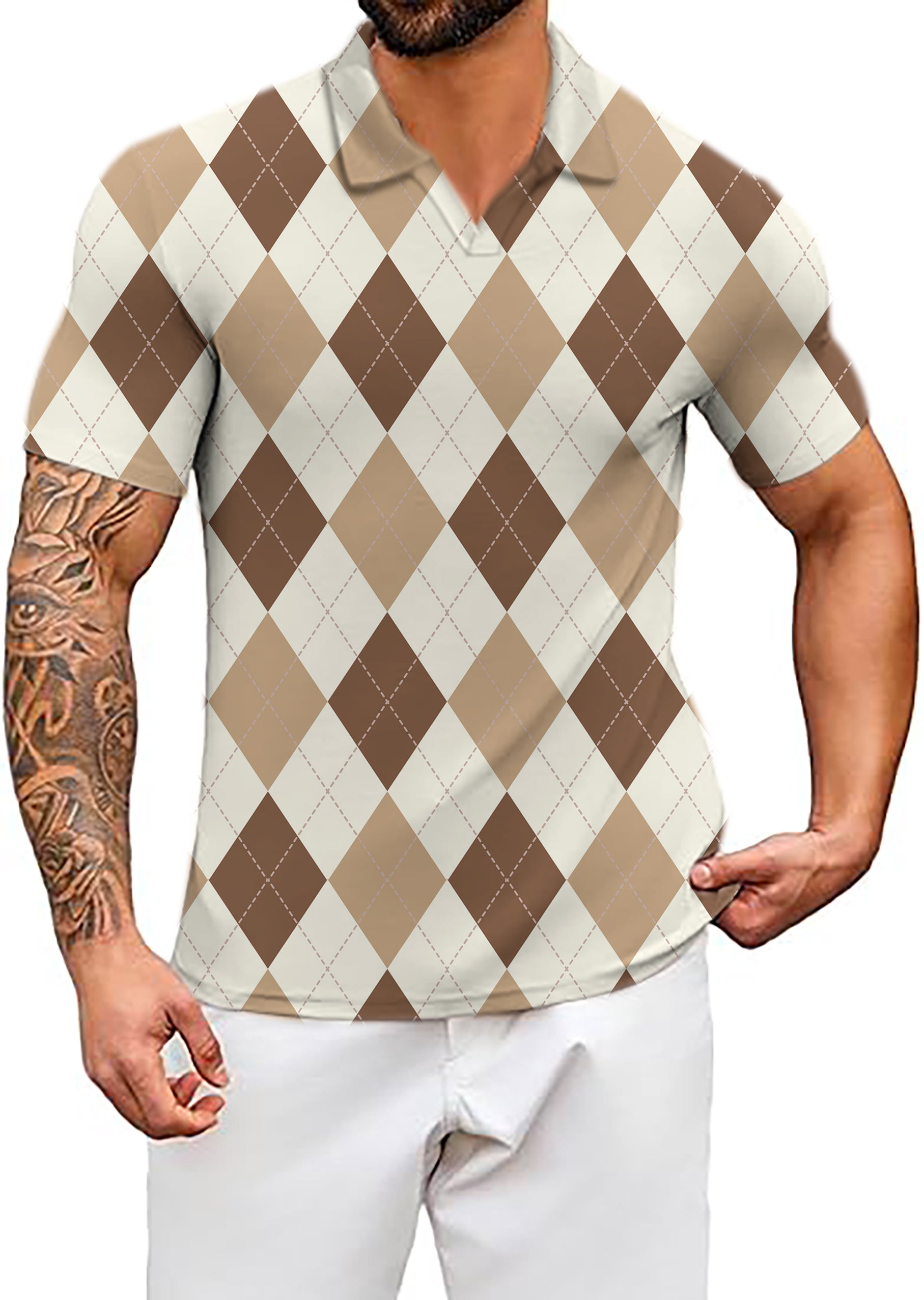 Men's brown Argyle V Neck Golf Polo Shirts