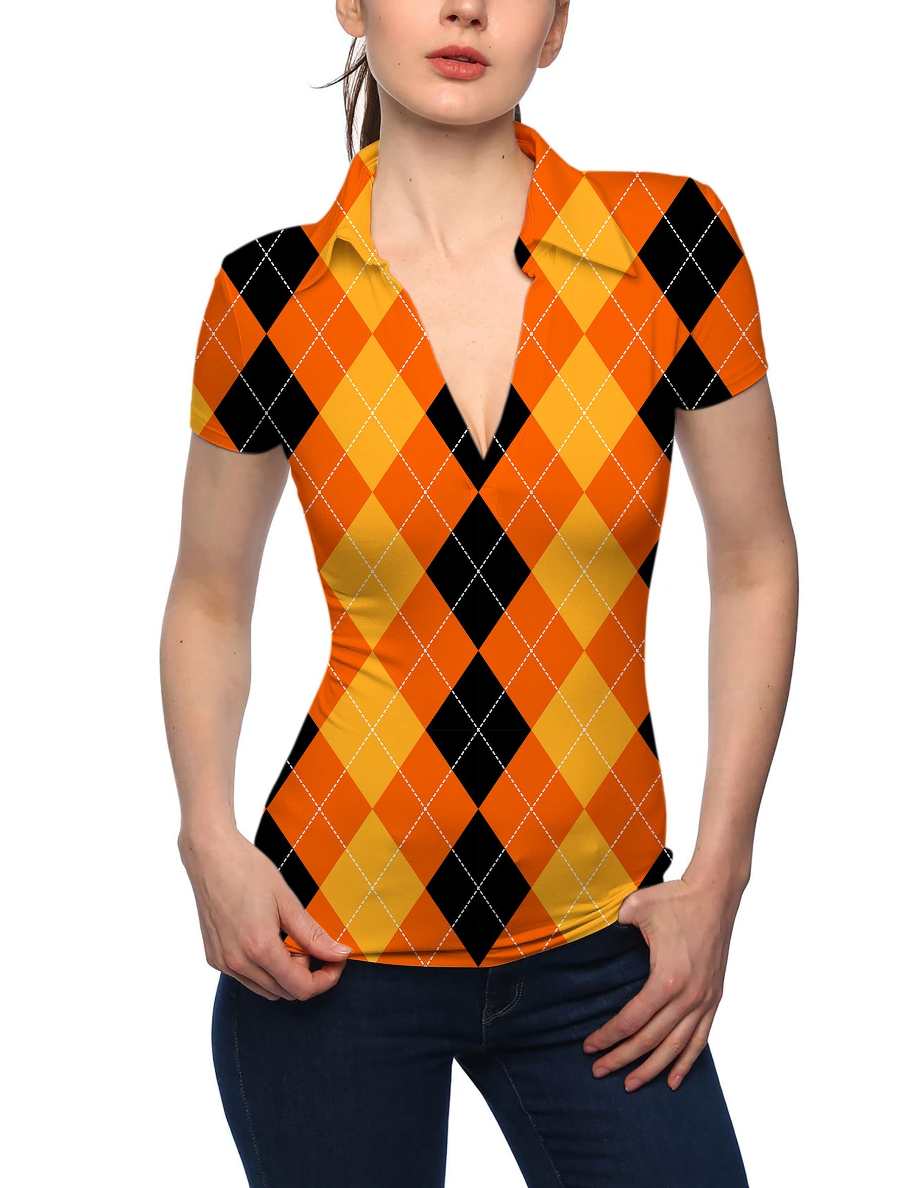 Women's Halloween black yellow orange argyle V-neck golf polo shirt with short sleeves and stand collar