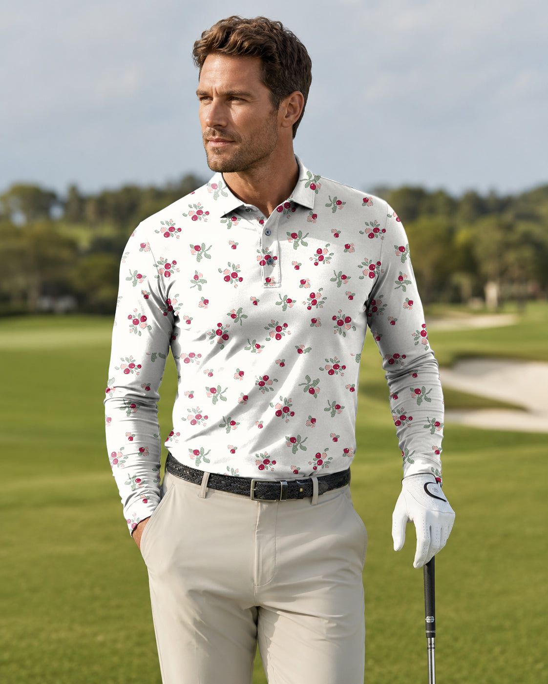 Men's Christmas holly berries Long-sleeved Polo