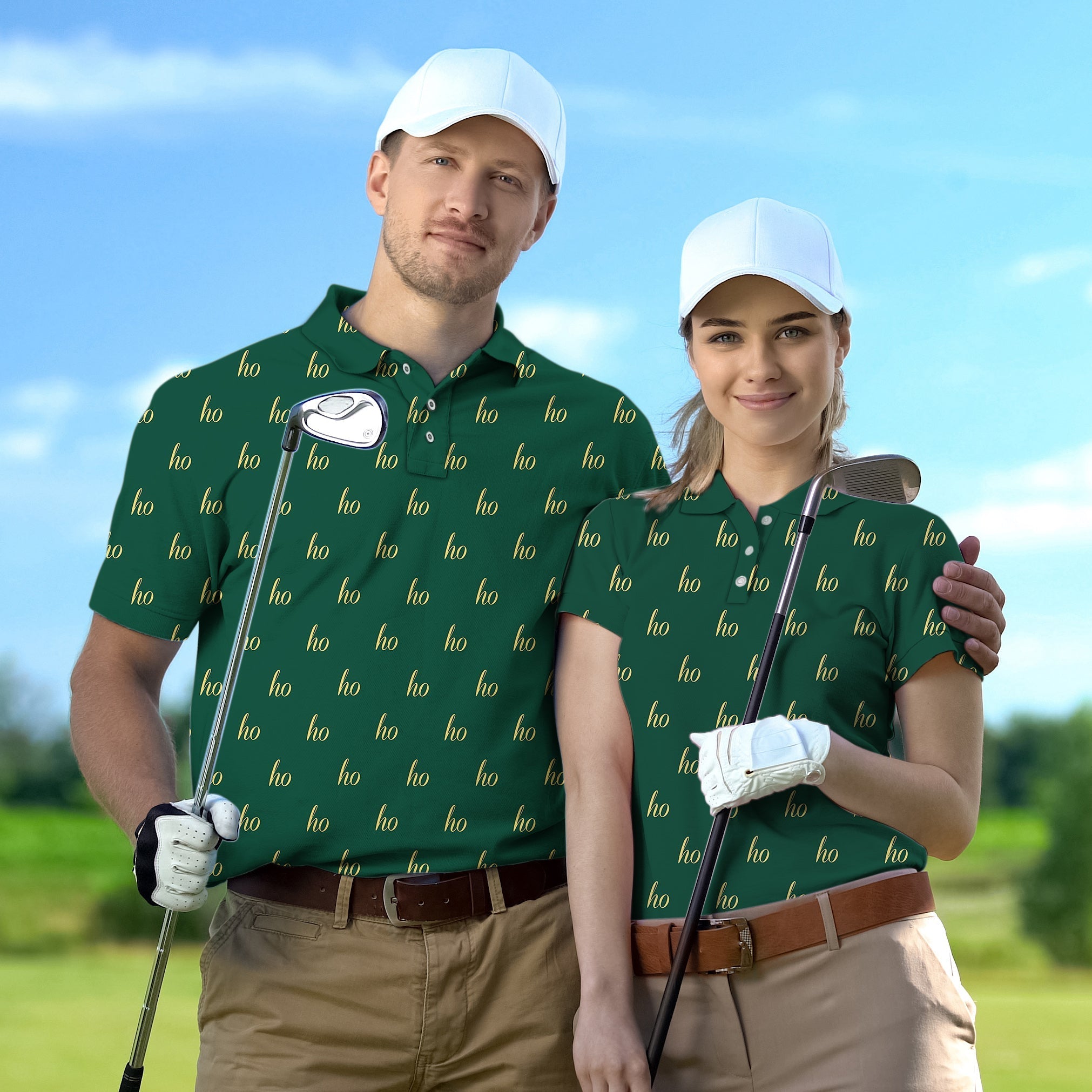 Couple Dark Green custom name Christmas golf polos with "ho" print, classic fit and white caps on golf course
