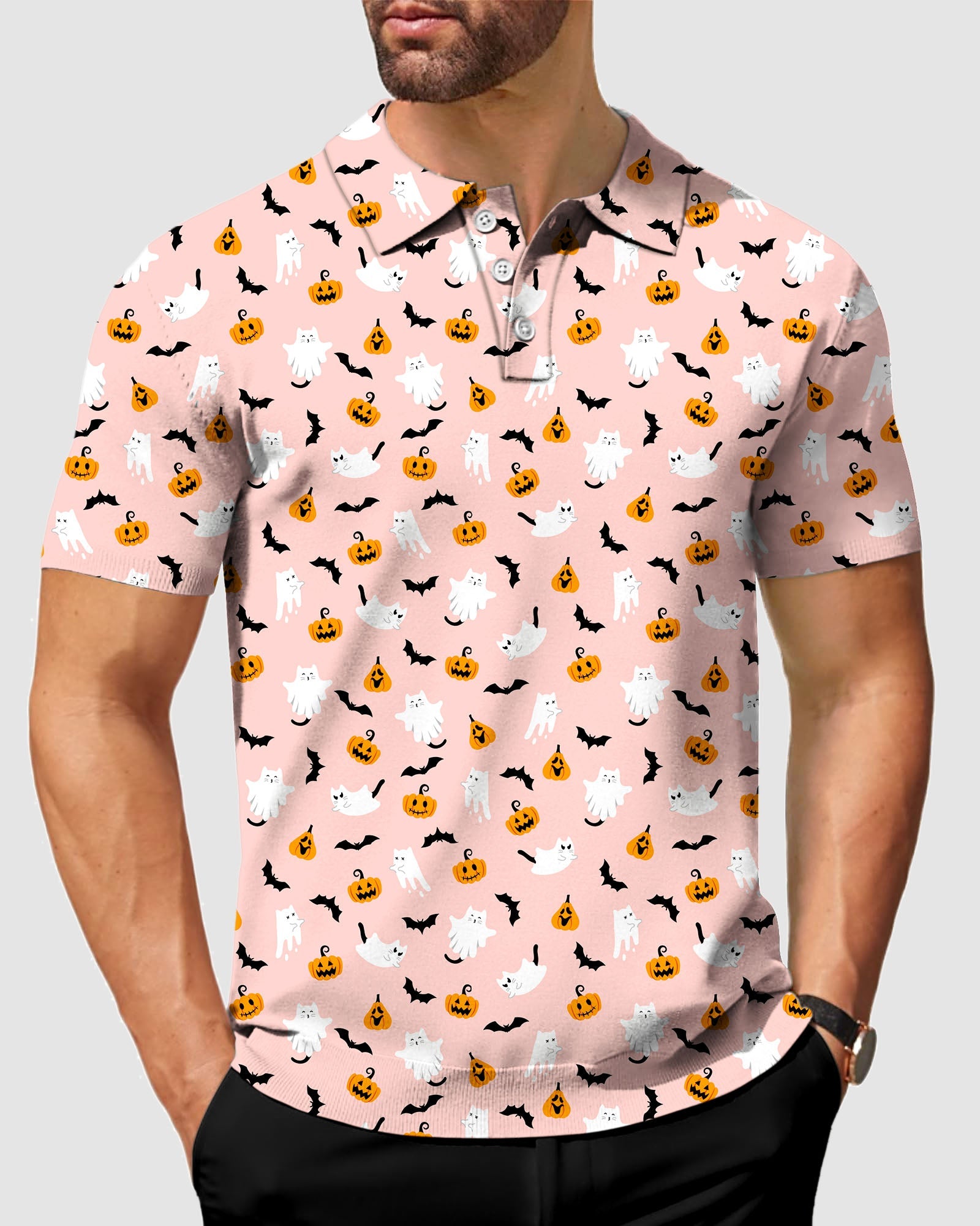 Men's Halloween Kawaii Ghost Pumpkin Polo with spooky ghost and pumpkin print on pink fabric, stretchy and moisture-wicking material