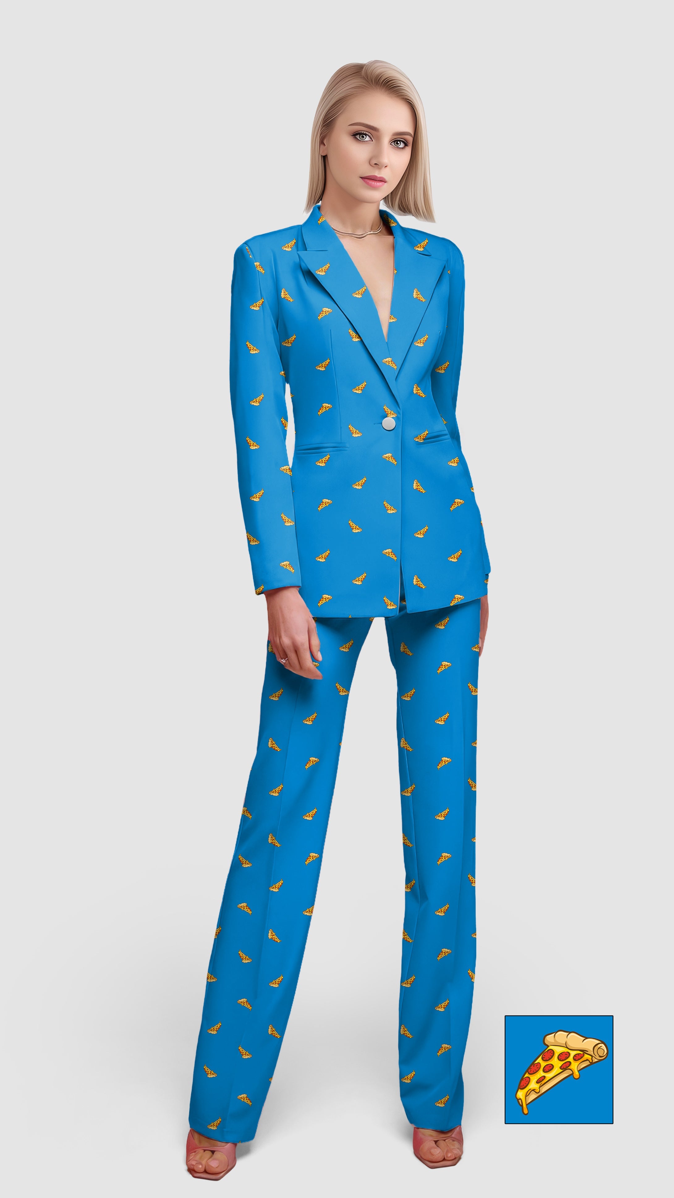Blue women's blazer and pants suit with white pizza custom pattern, casual office wear, single-button jacket, flap pockets.