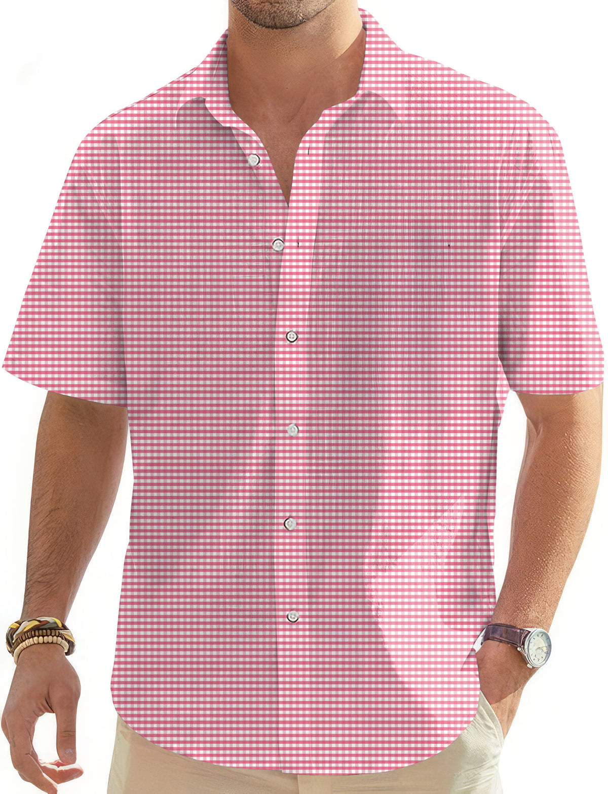 Pink striped and checkered squares Men's Golf Hawaiian Shirts Button Down Shirt