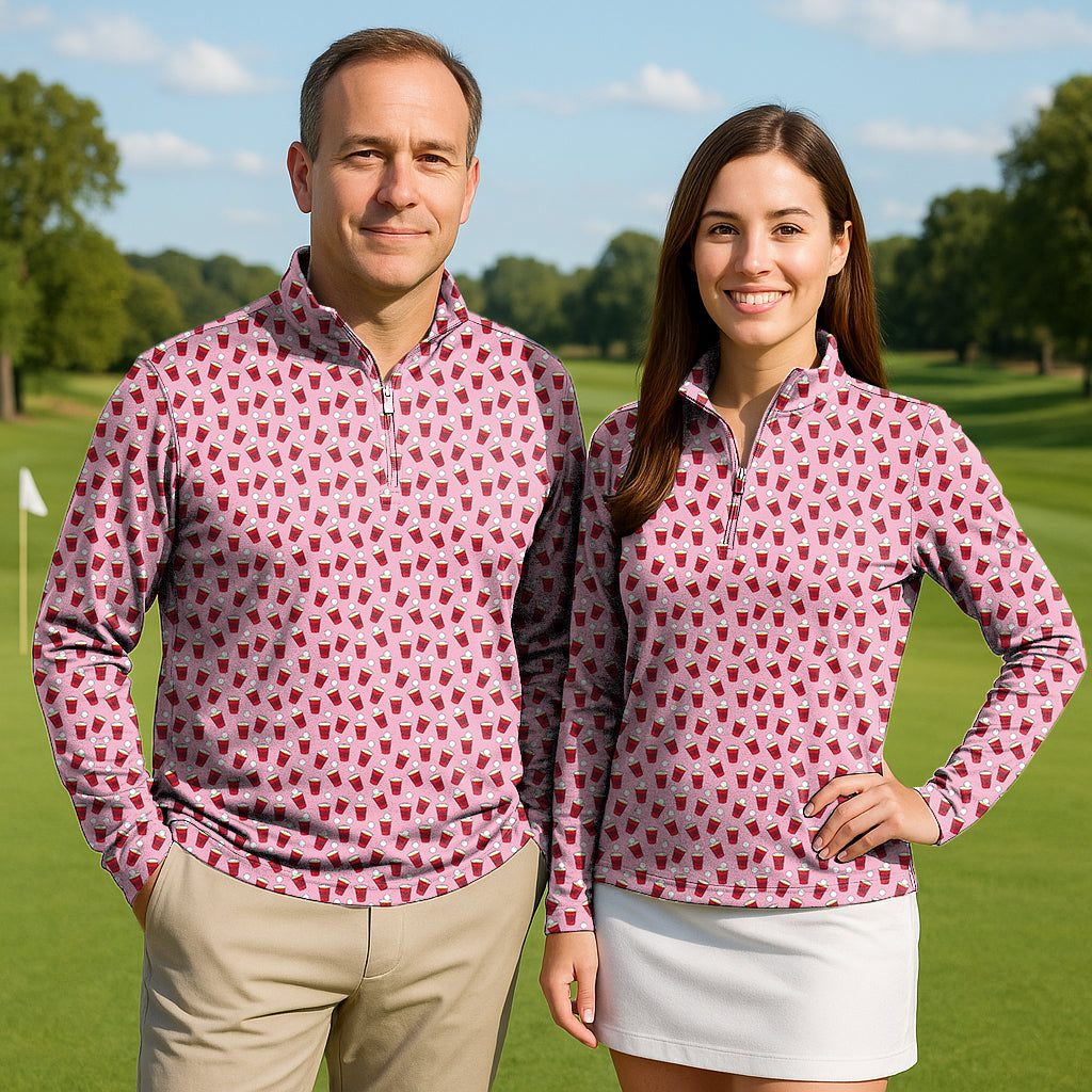 Red Solo Cup couple wearing red solo cup print 3/4 zip golf tops on golf course
