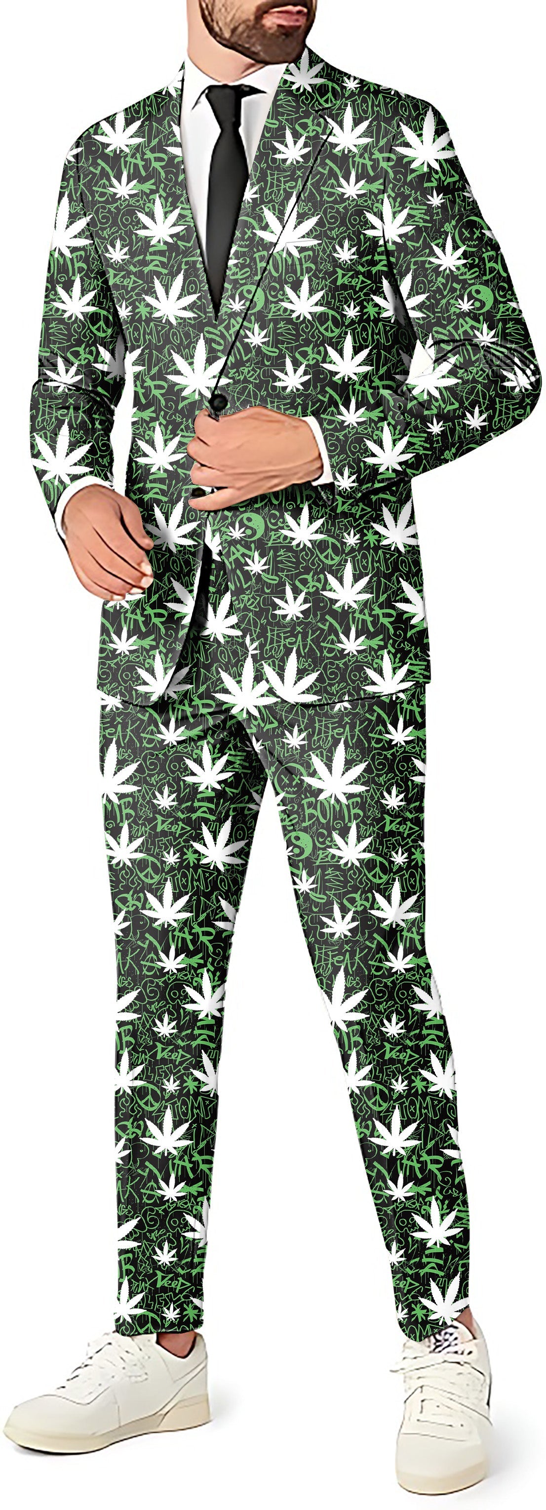 Leafy Graffiti men's party costume suit set with blazer, pants, and vest in green and white leaf pattern