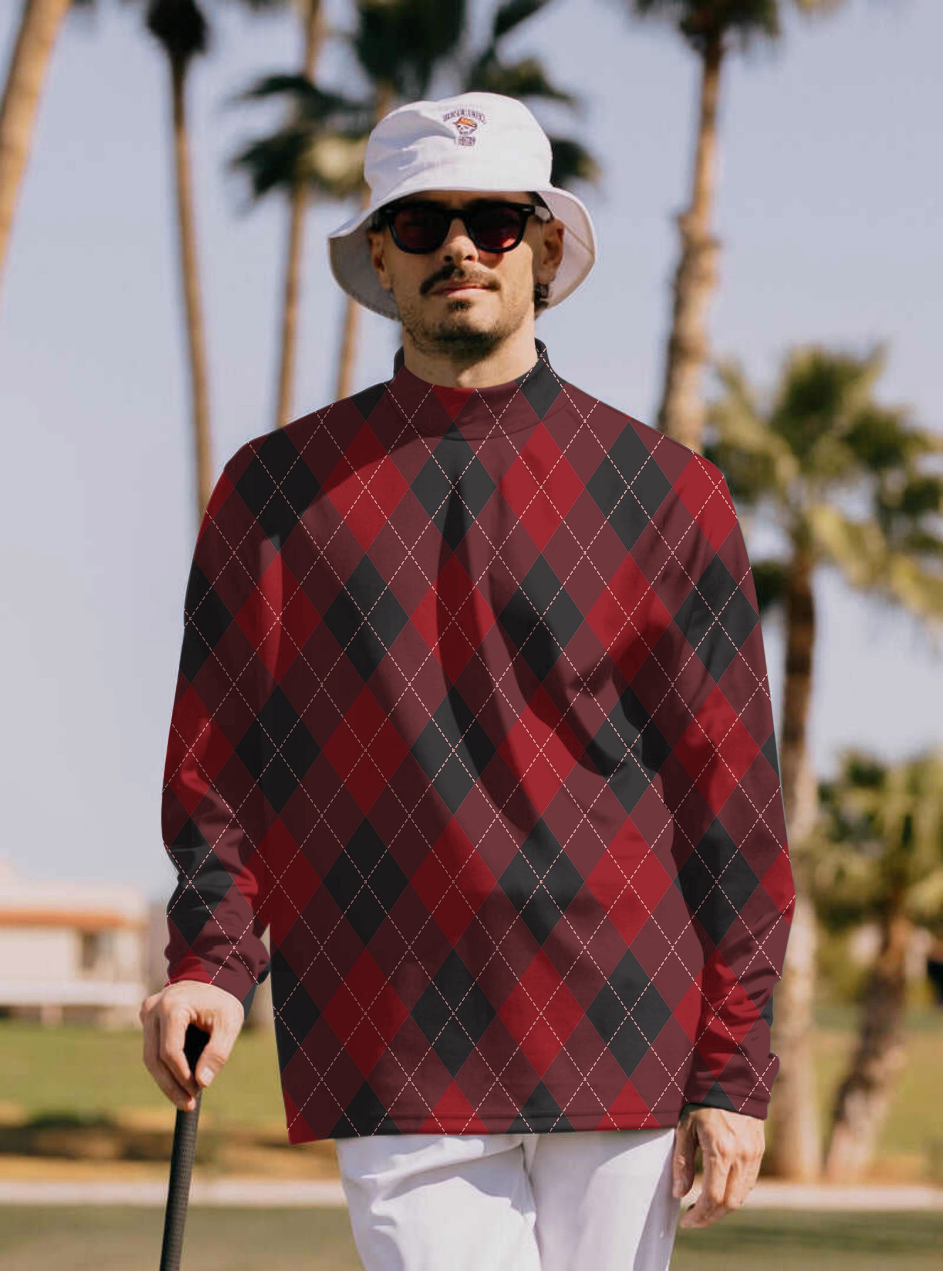 Men's red Argyle Pullover High neck Long/Short sleeve T-Shirt