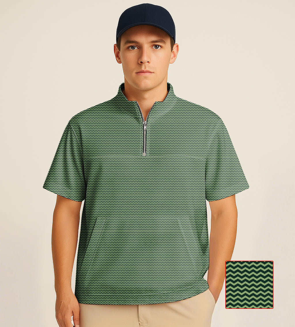 Green waves embroidered half zipper turtleneck golf short shirt on male model