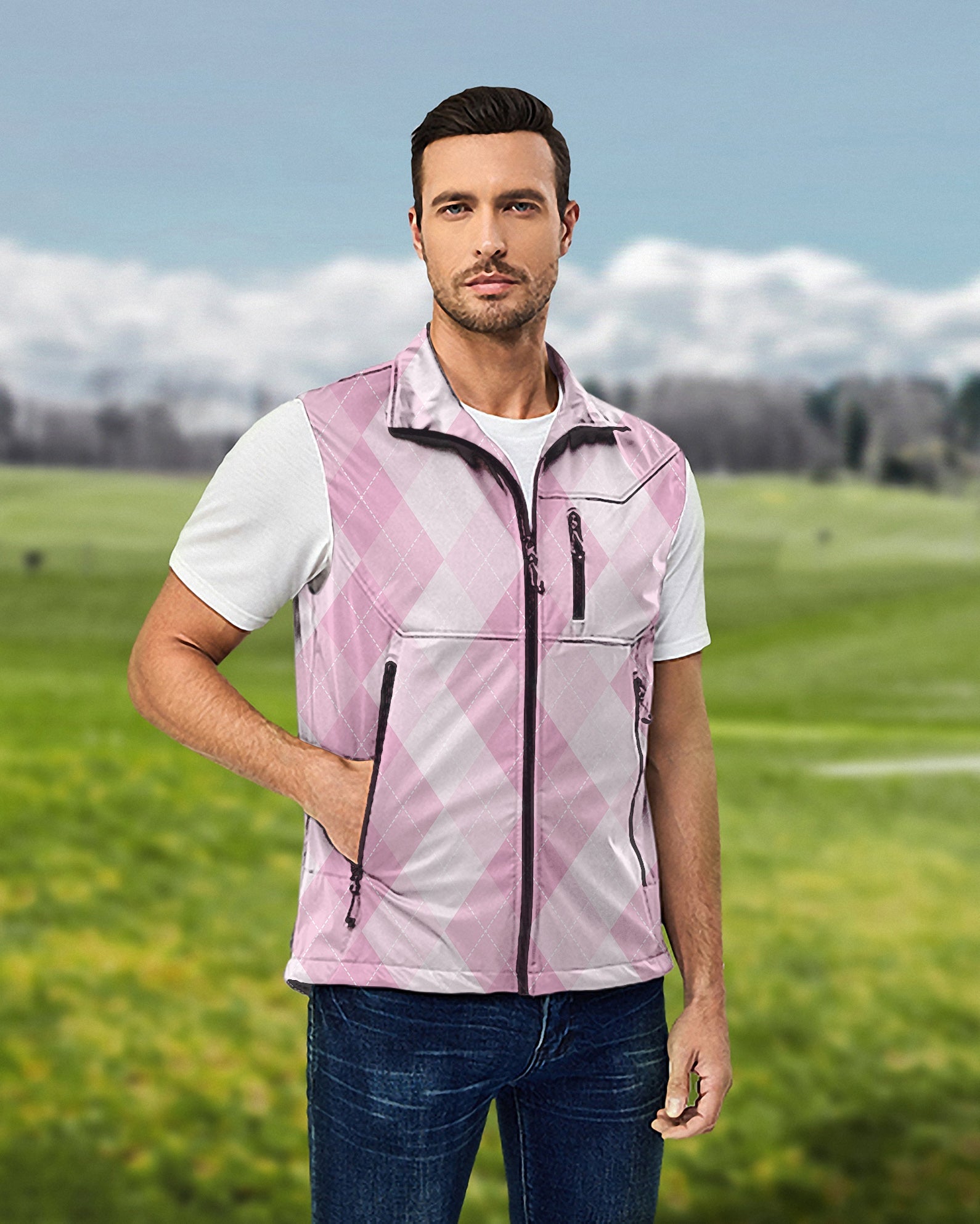 Men's pink argyle softshell vest sleeveless jacket for golf windproof waterproof