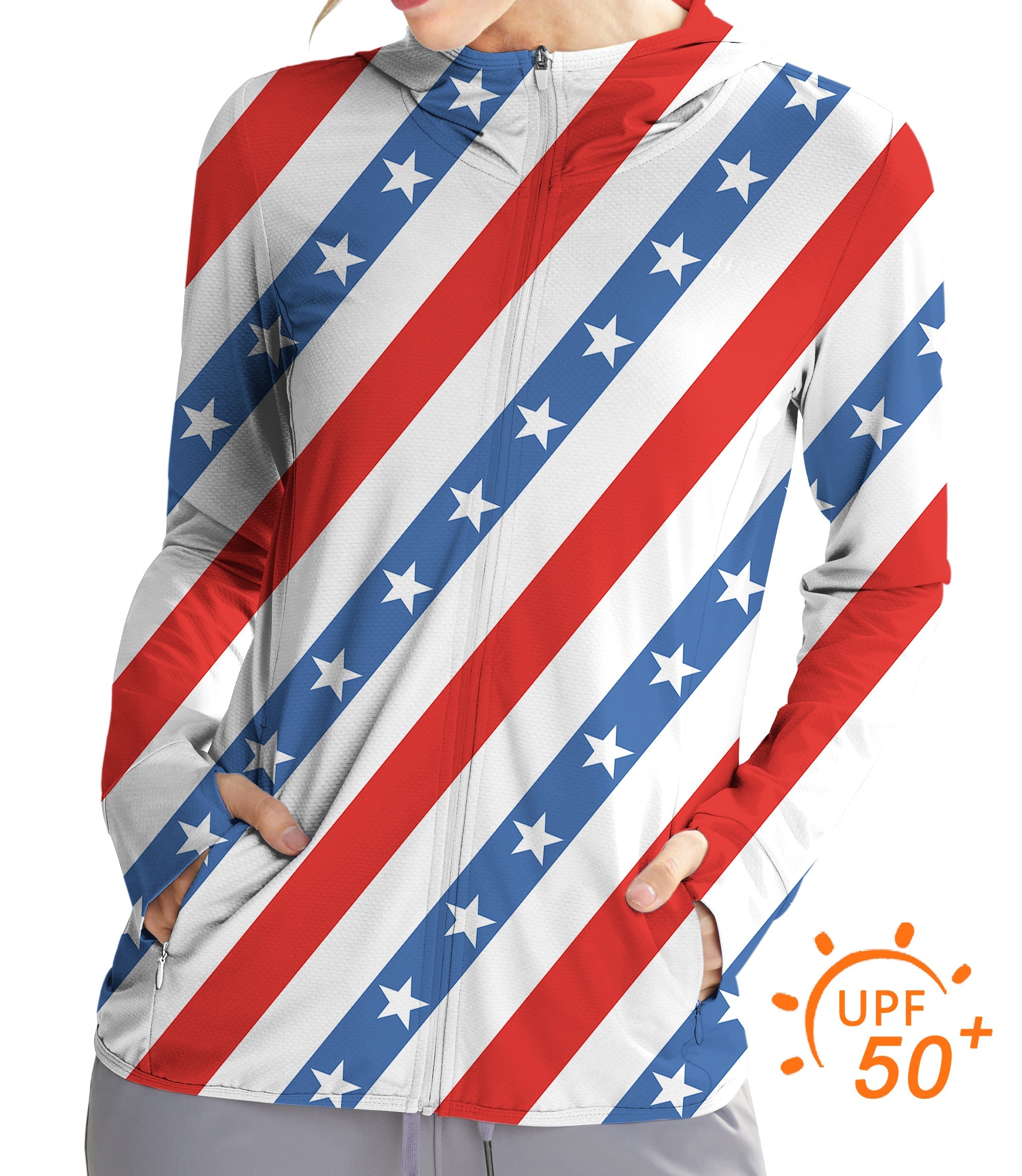Women's Outdoor American flag slim fit zip hoodie with UPF 50+ sun protection and thumb holes for golf and outdoor activities