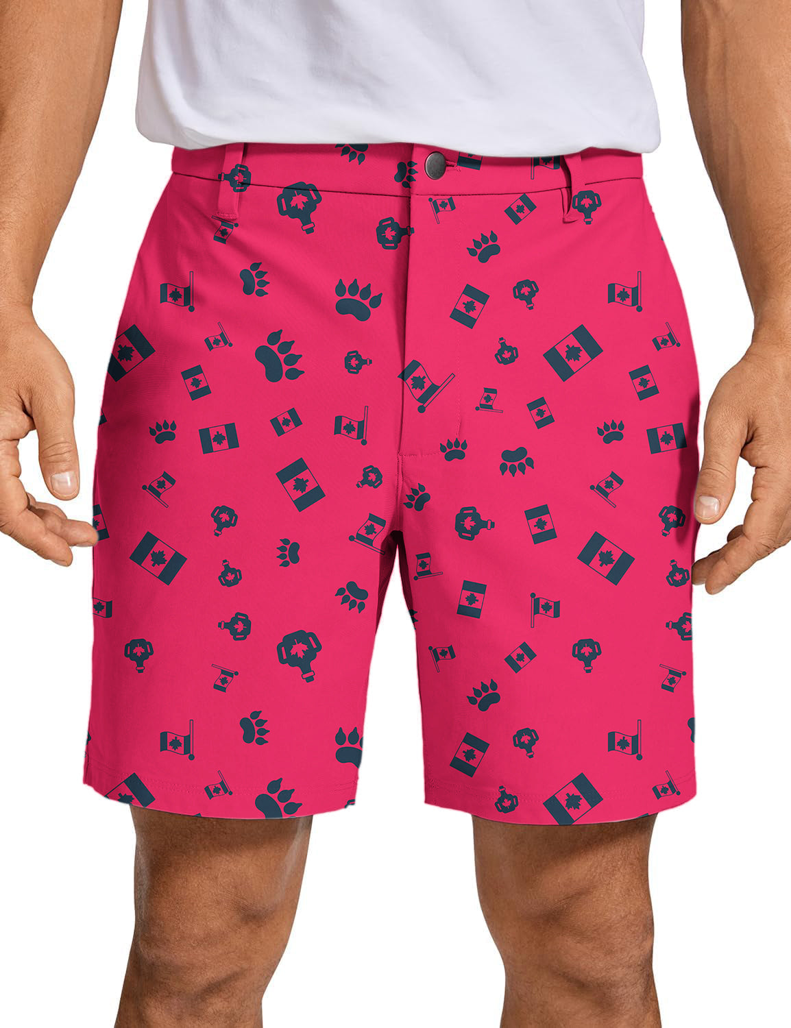 Men's Canadian Flag Paw Golf Shorts in bright red with black paw and flag patterns, lightweight and quick-dry fabric for golf and casual wear