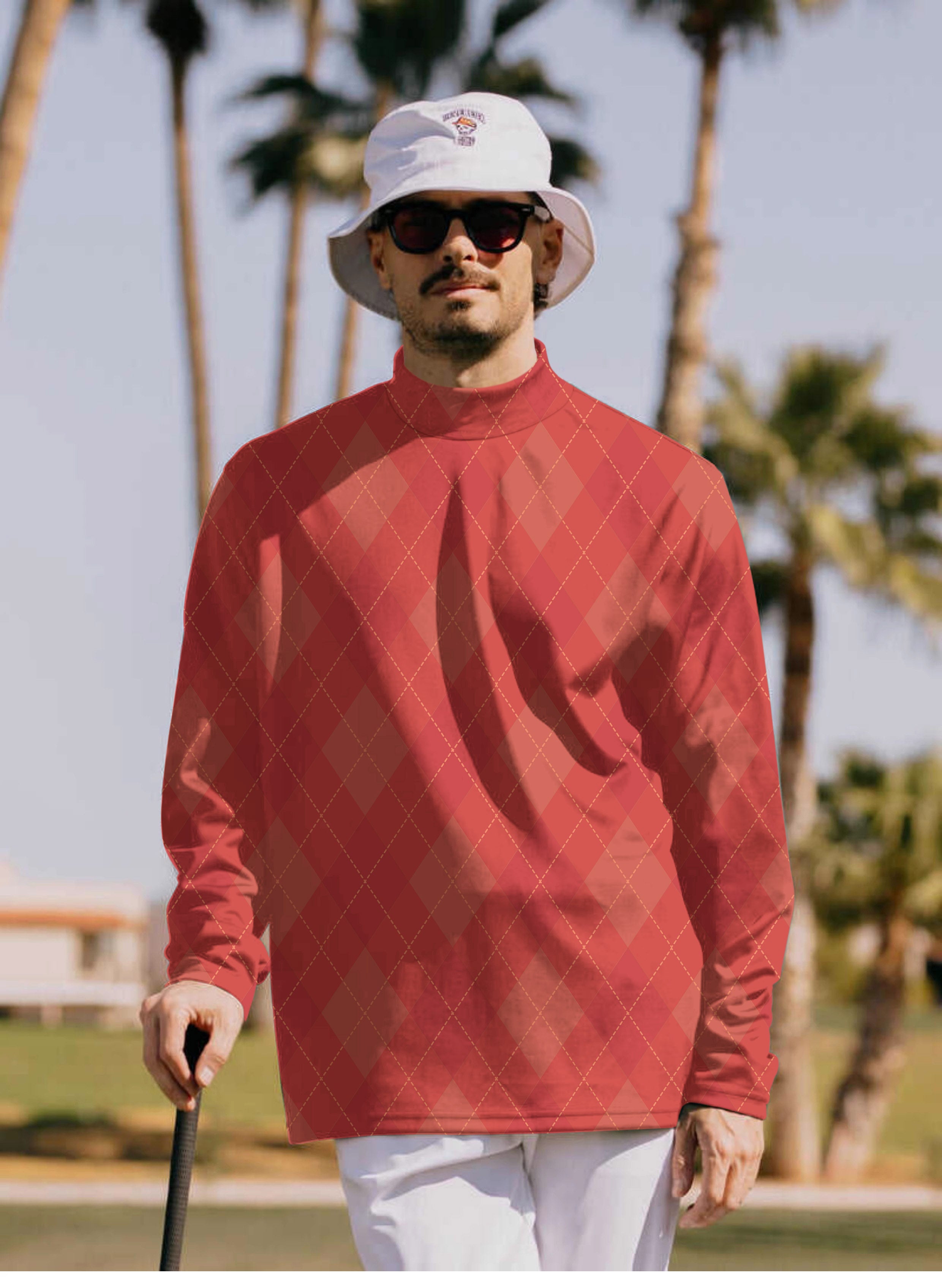 Men's red Argyle Pullover High neck Long/Short sleeve T-Shirt