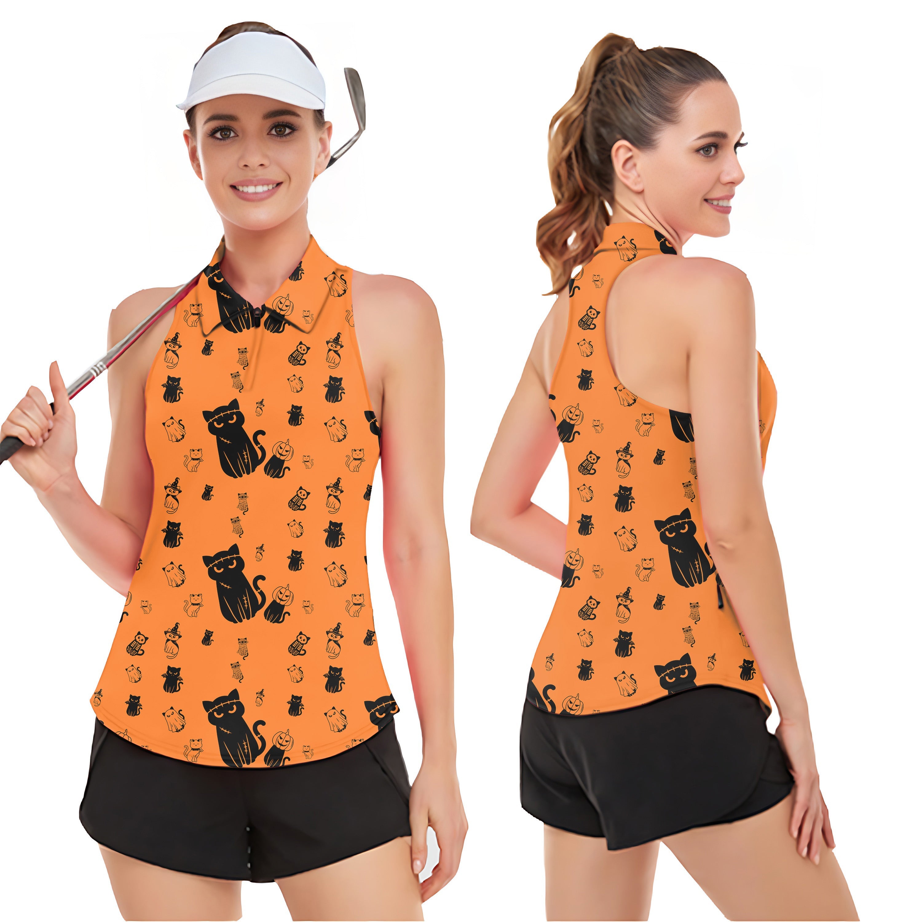 Women’s sleeveless golf tank top with Halloween cute cat print and breathable moisture-wicking fabric