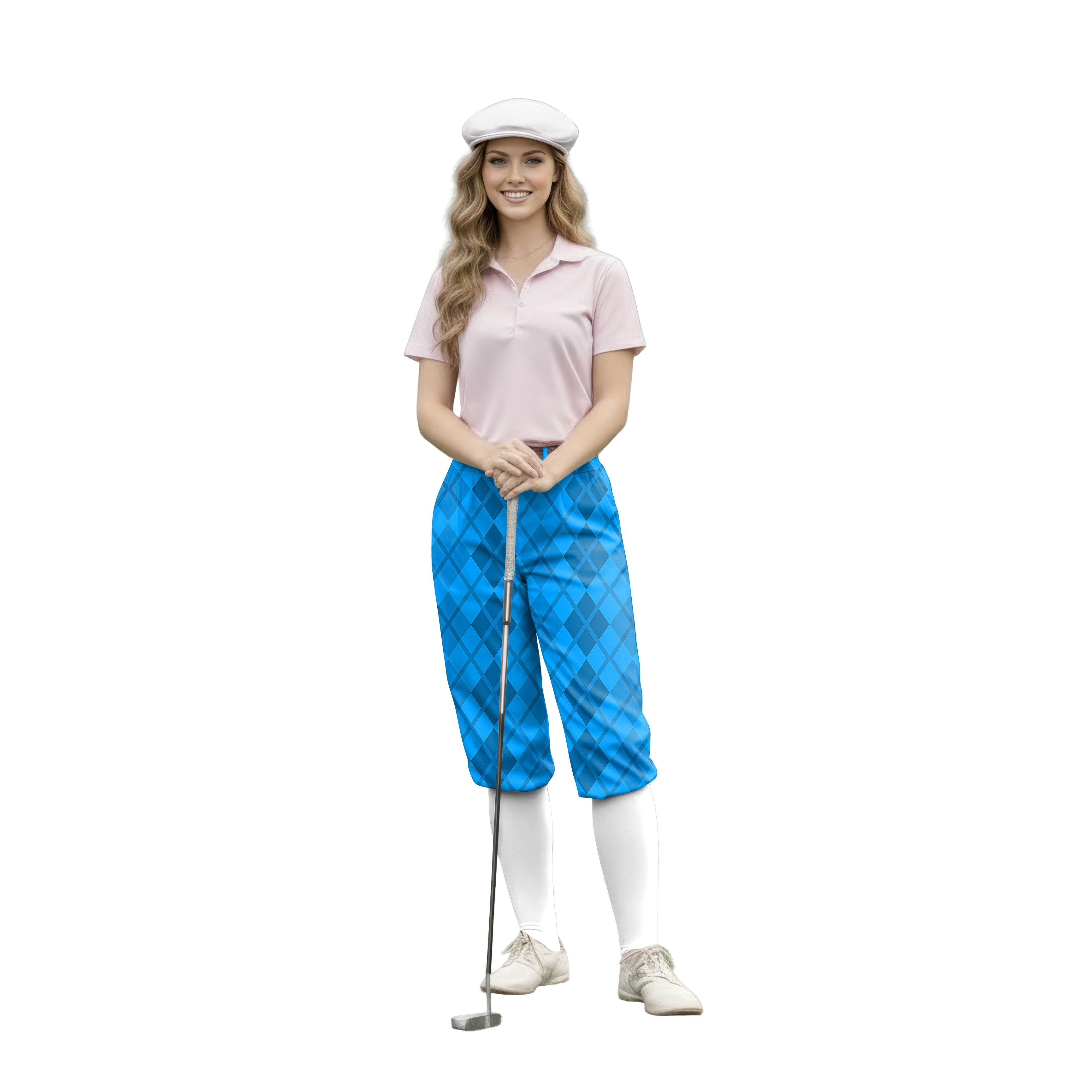 Woman wearing Argyle Blue grid womens golf knickers pants with white cap and pink polo shirt holding golf club