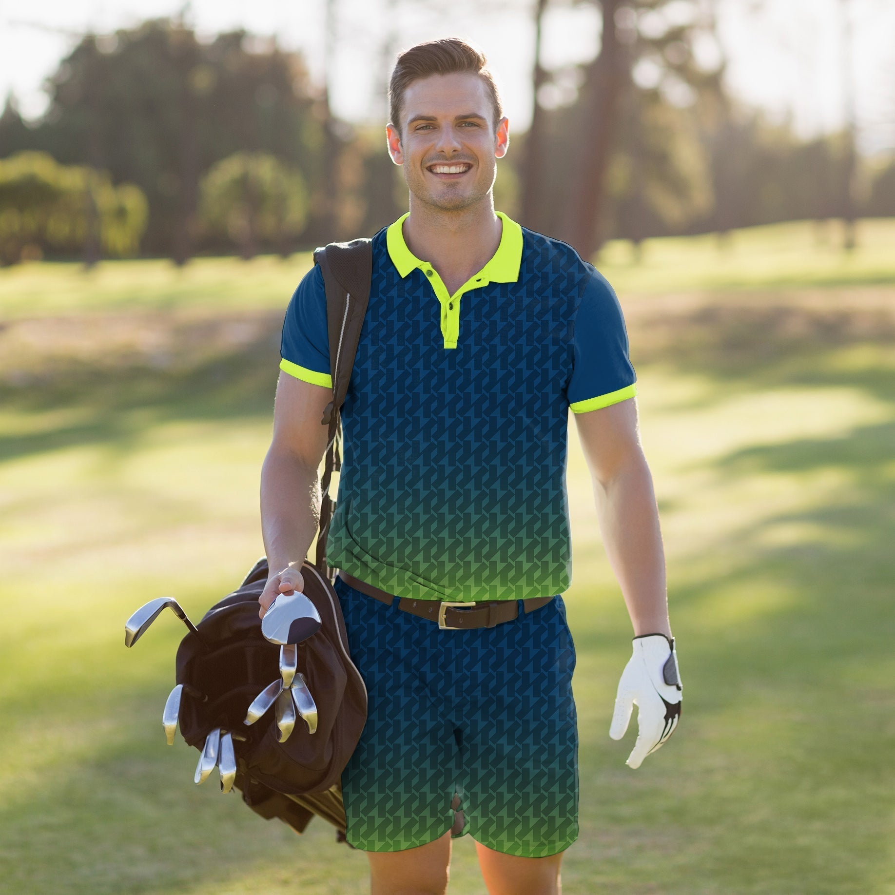 Men's Golf Set green gradient polo shirt and shorts with custom sport team design on golf course