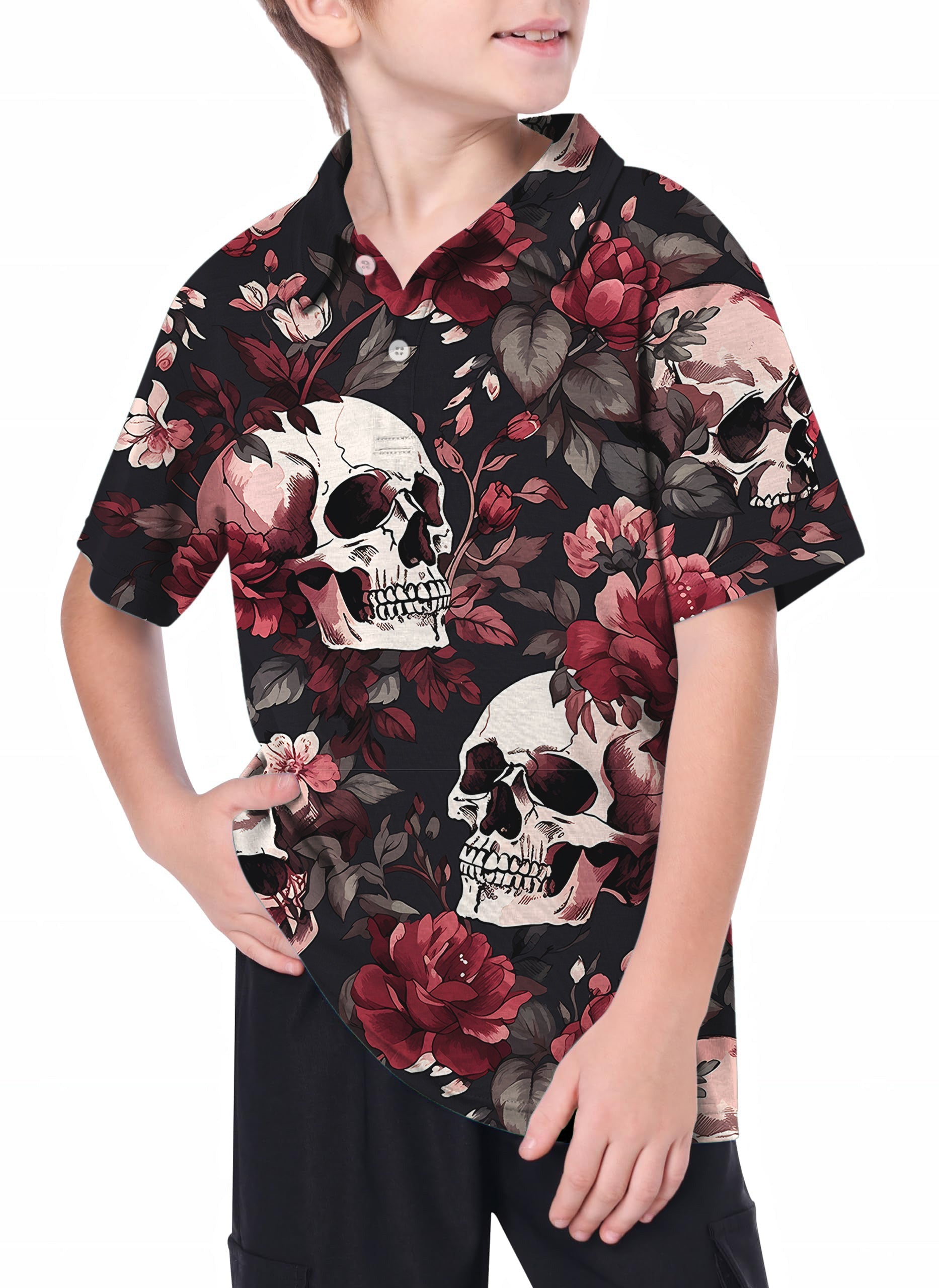Youth golf polo with floral skull design, 4-way stretch, moisture-wicking, UPF 40+, wrinkle resistant youth shirt
