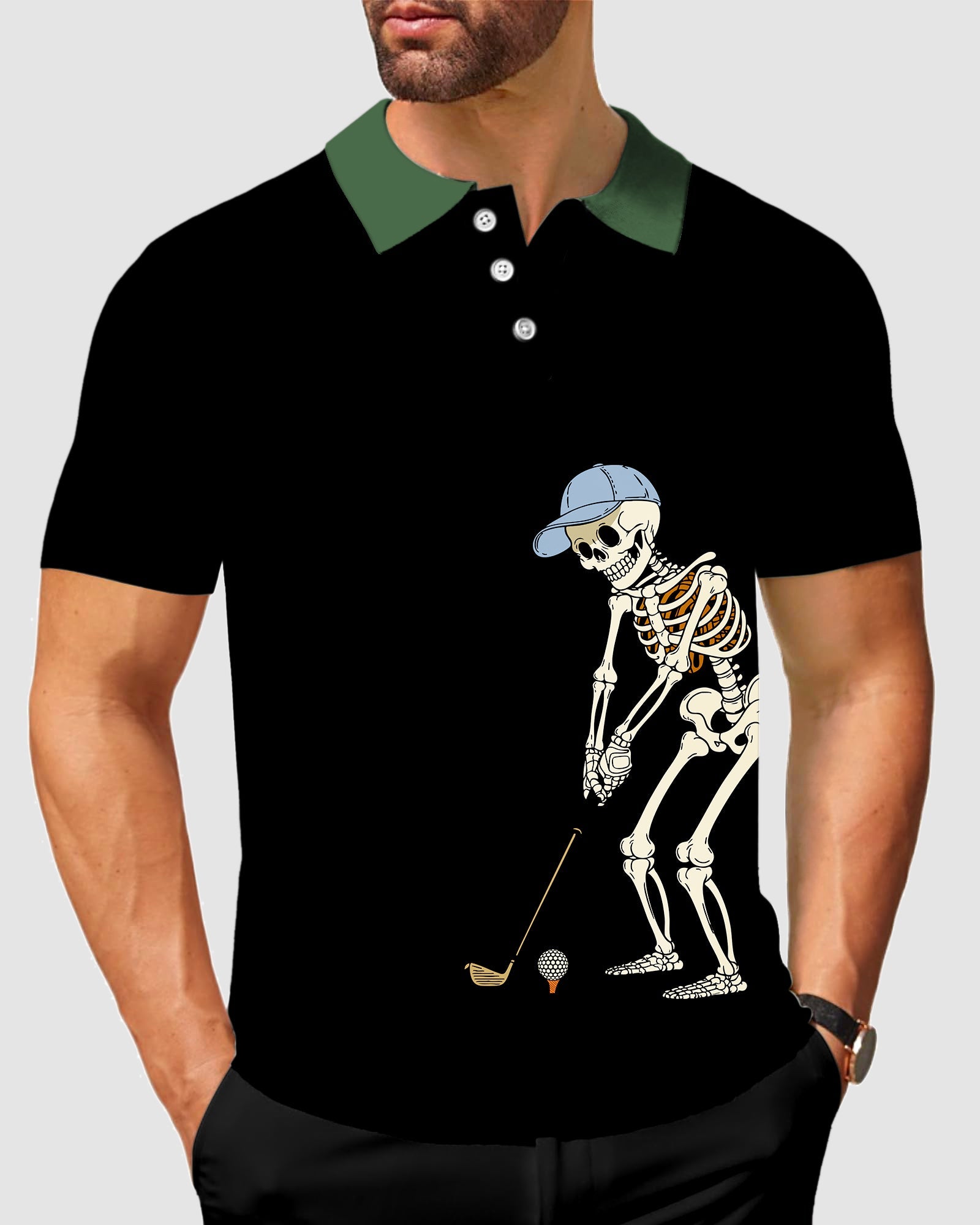 Men's blue green black polo shirt with Halloween skeleton golf design and green collar