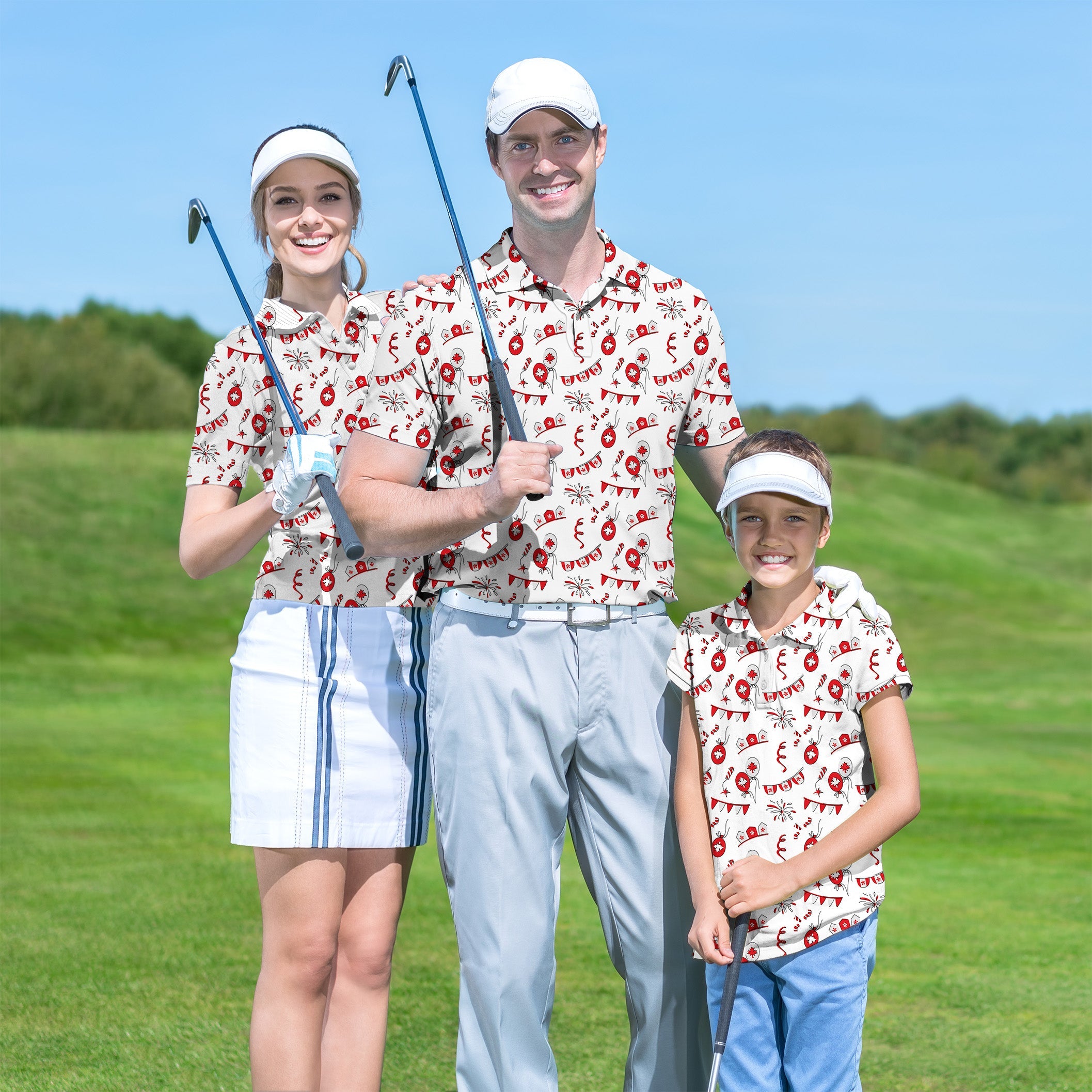 Family wearing matching Canadian flag golf shirts on green golf course for tournament