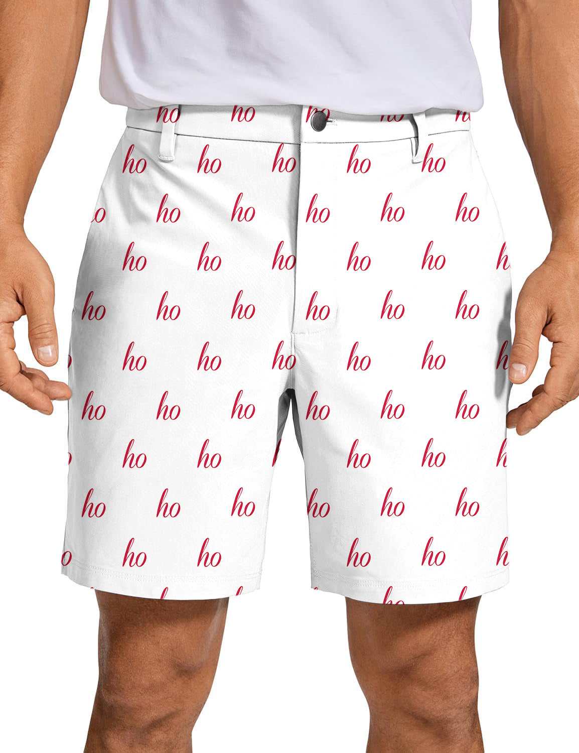 Men's white custom name Christmas golf shorts with red "ho" pattern, quick-dry and lightweight fabric