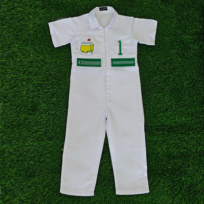 Kids white-green golf short-sleeved shirt and long pants suit with Master patch and number 1 on chest