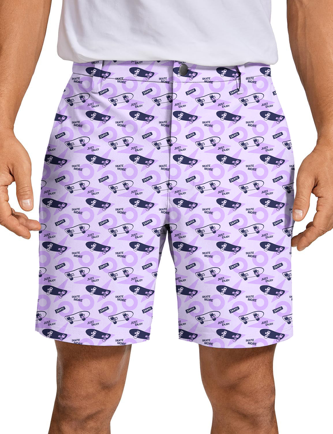 Men's purple golf shorts with skate-themed pattern, quick-dry and lightweight fabric for performance and style