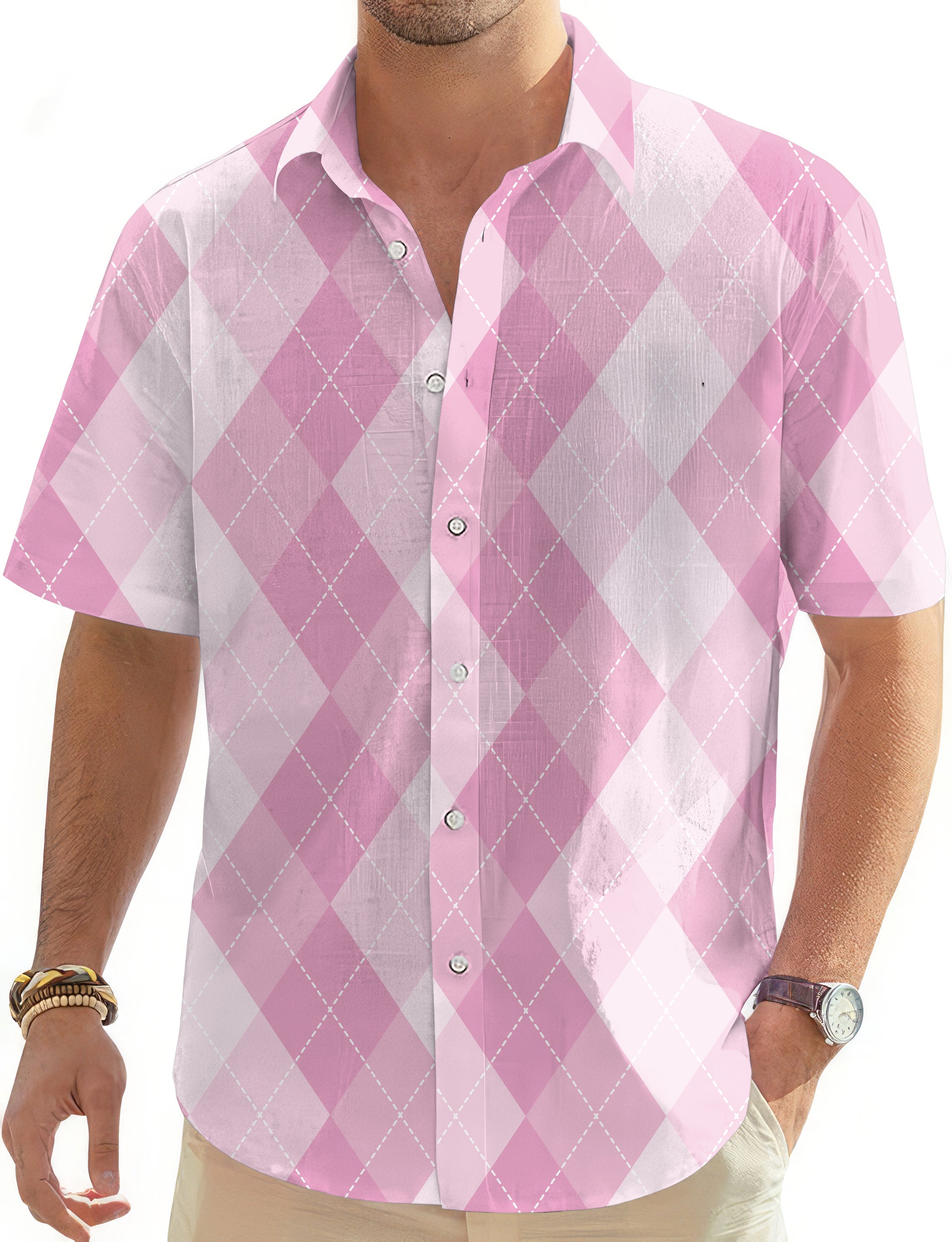 pink Argyle-Men's Golf Hawaiian Shirts Button Down Shirt