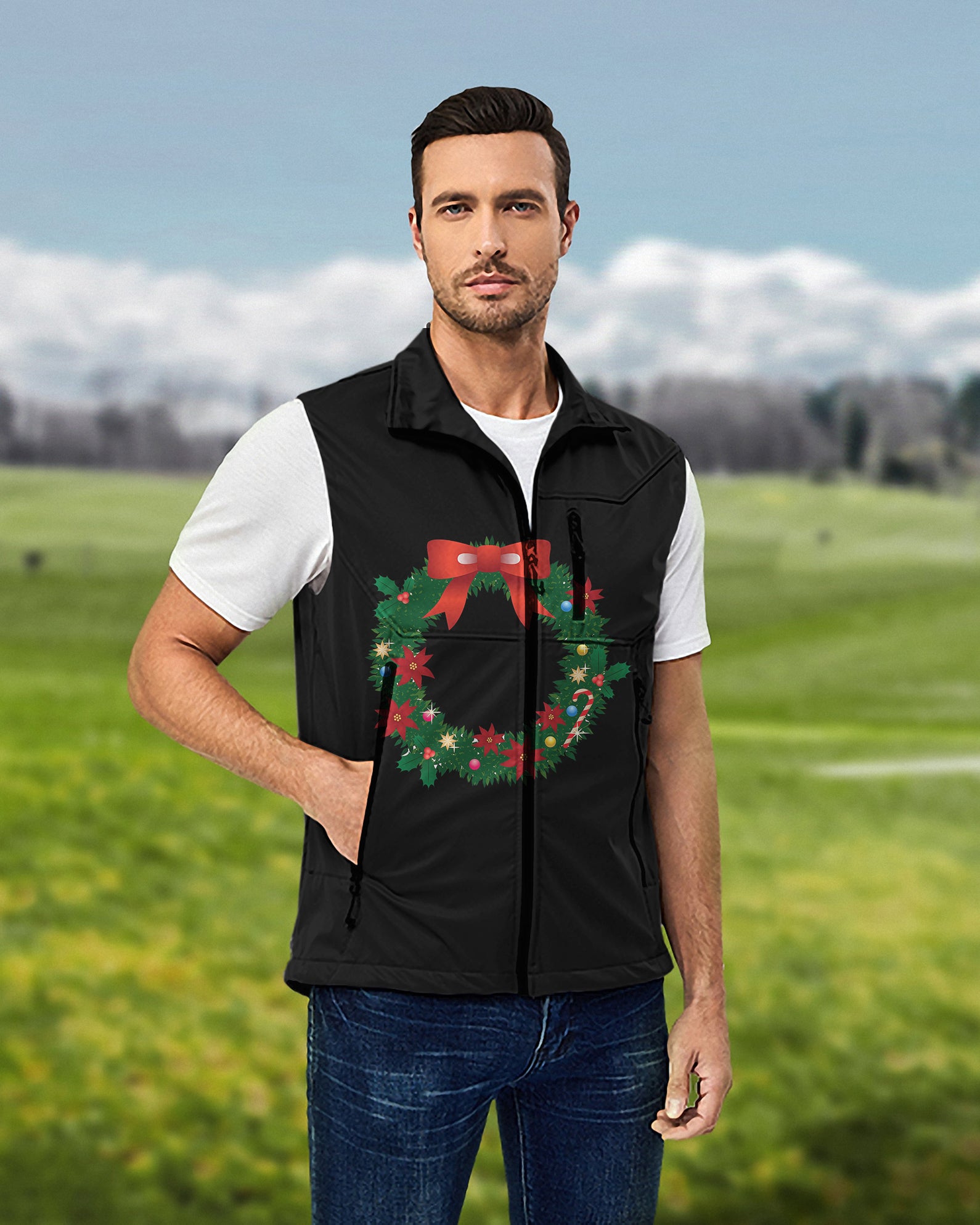 Men's Marry Christmas Lightweight Softshell Vest Sleeveless Jacket for Golf