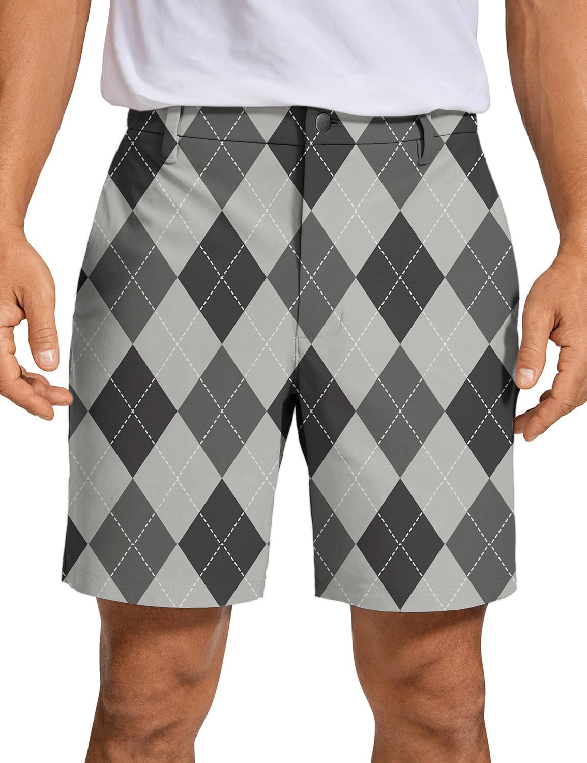 Men's grey Argyle patterned golf shorts in breathable, quick-dry fabric
