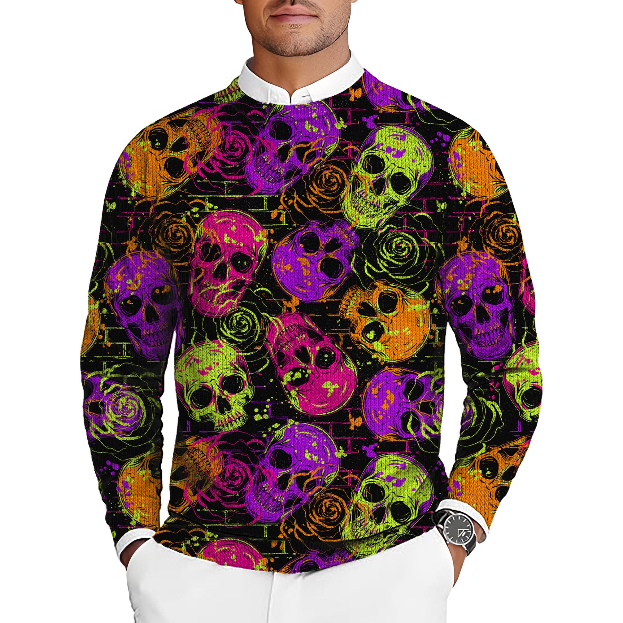 Halloween Colors Skull men's golf crewneck pullover sweater with vibrant skull and rose pattern