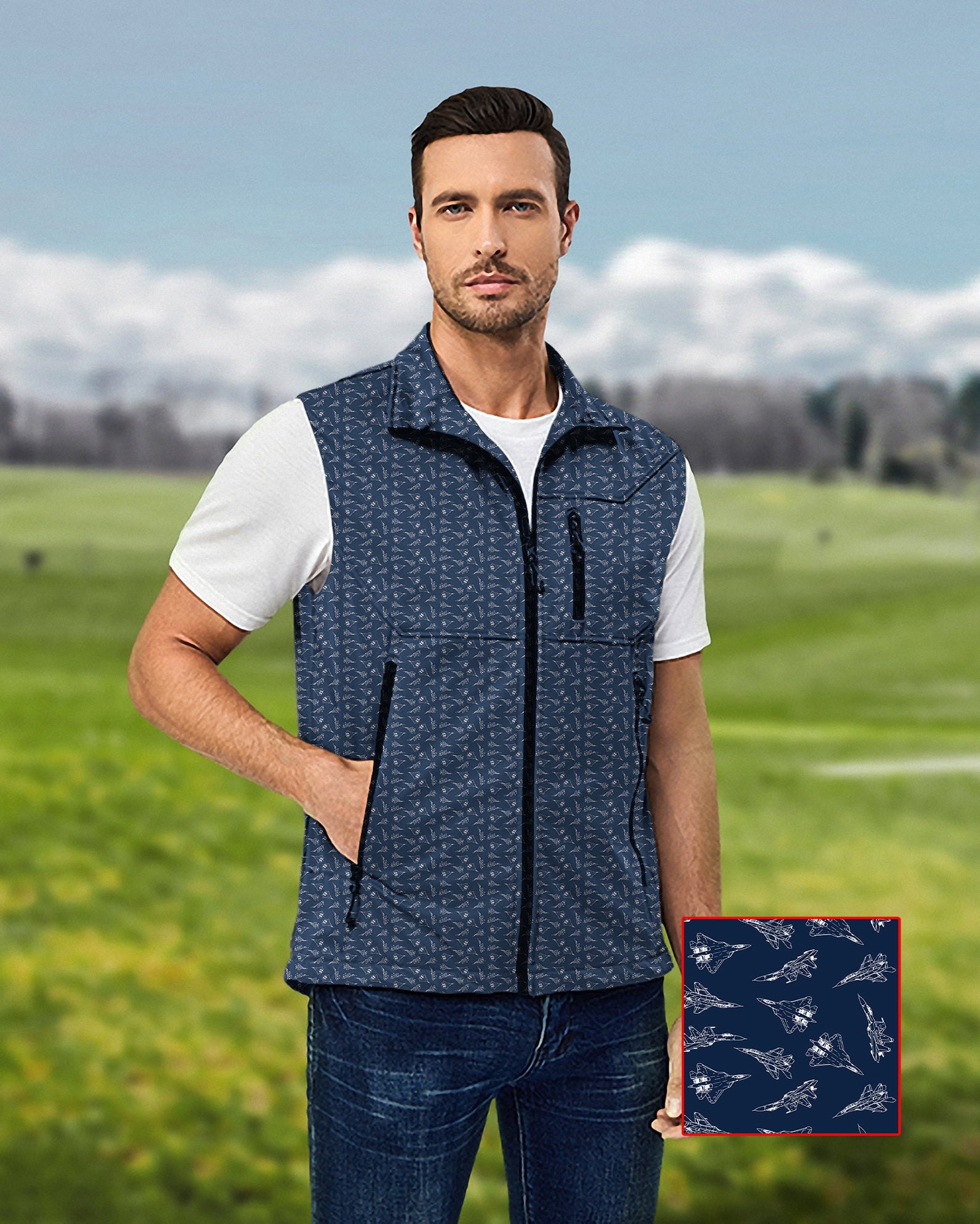 Men's Fighter lightweight softshell vest sleeveless jacket in blue with subtle pattern, windproof and waterproof for golf.