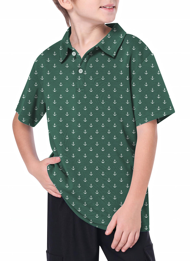 Youth Green Anchor Golf Polo worn by boy with anchor pattern and collar