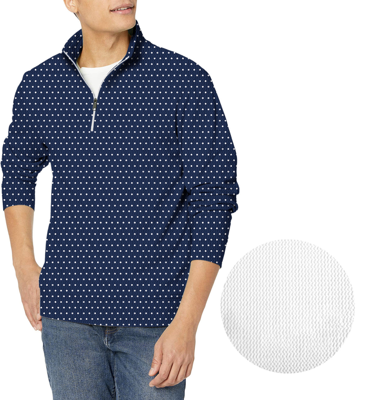 Navy blue with white polka dots Men's Golf Waffle Zipper Pullover