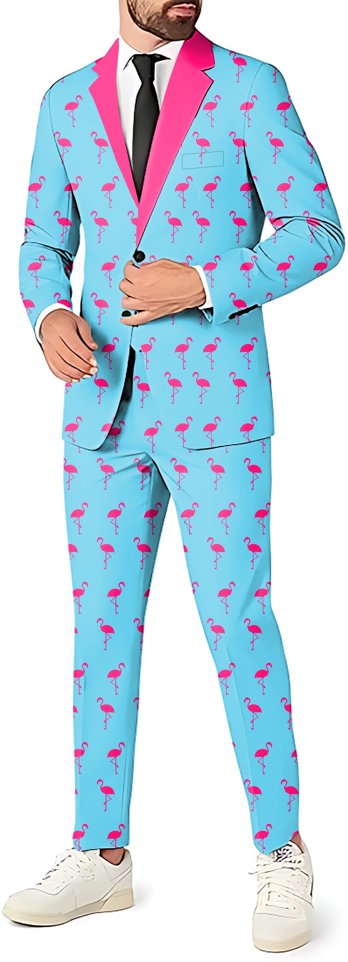 flamingo men's party costume suit with blazer, pants, and vest in blue with pink flamingo print