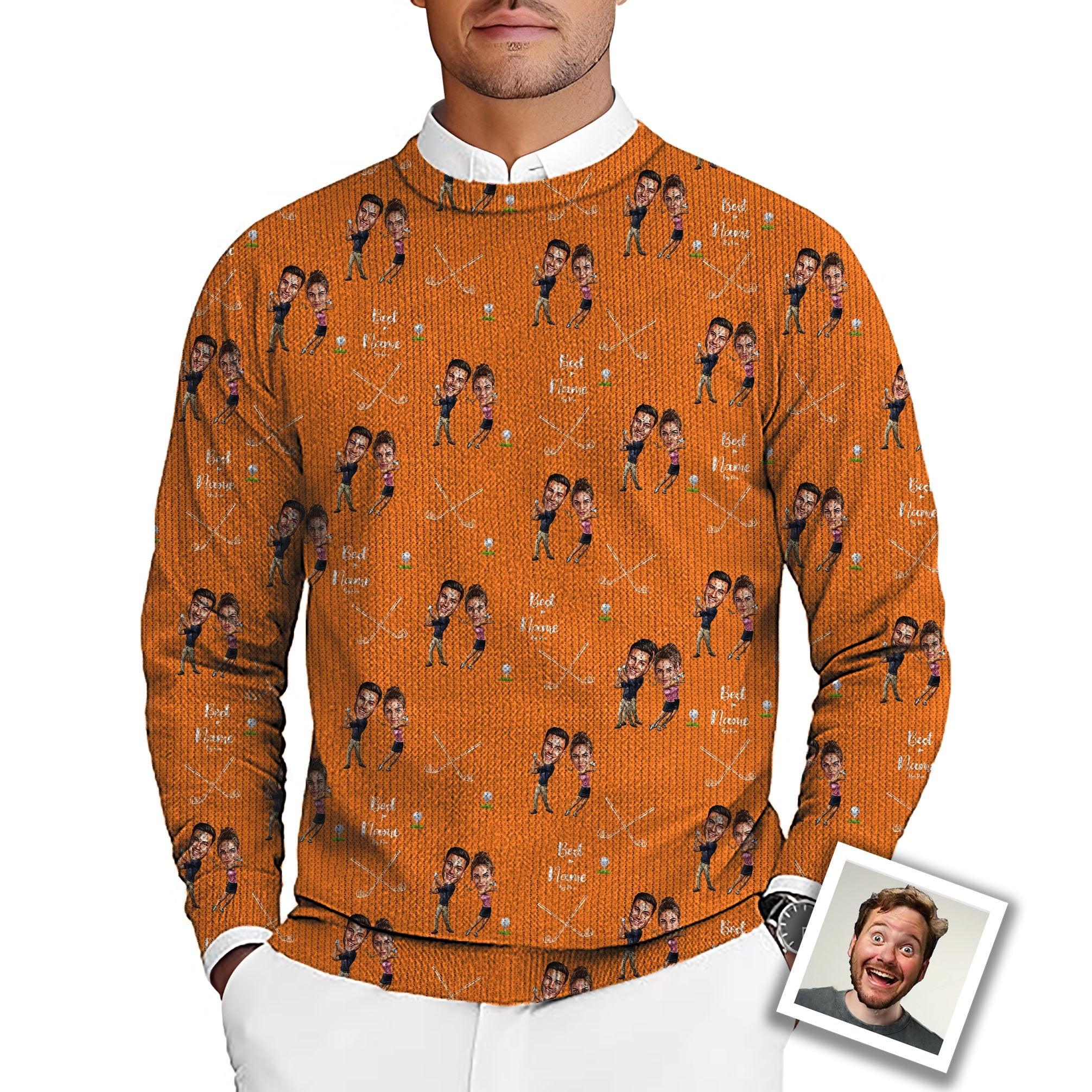 Custom couple photo face and name men's golf crewneck pullover sweater with personalized golf-themed design