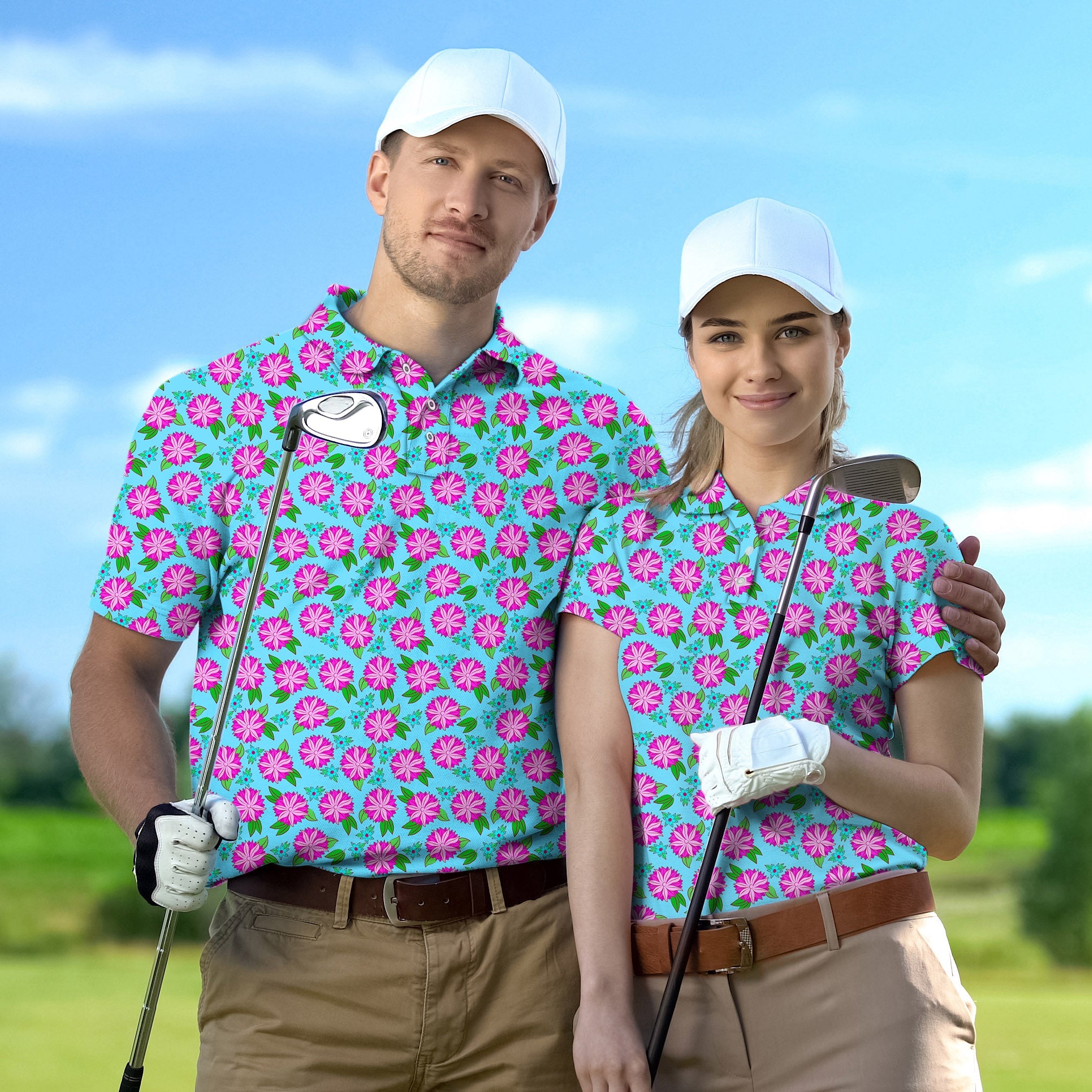 Couple wearing matching flower pattern golf polo shirts with white caps on golf course