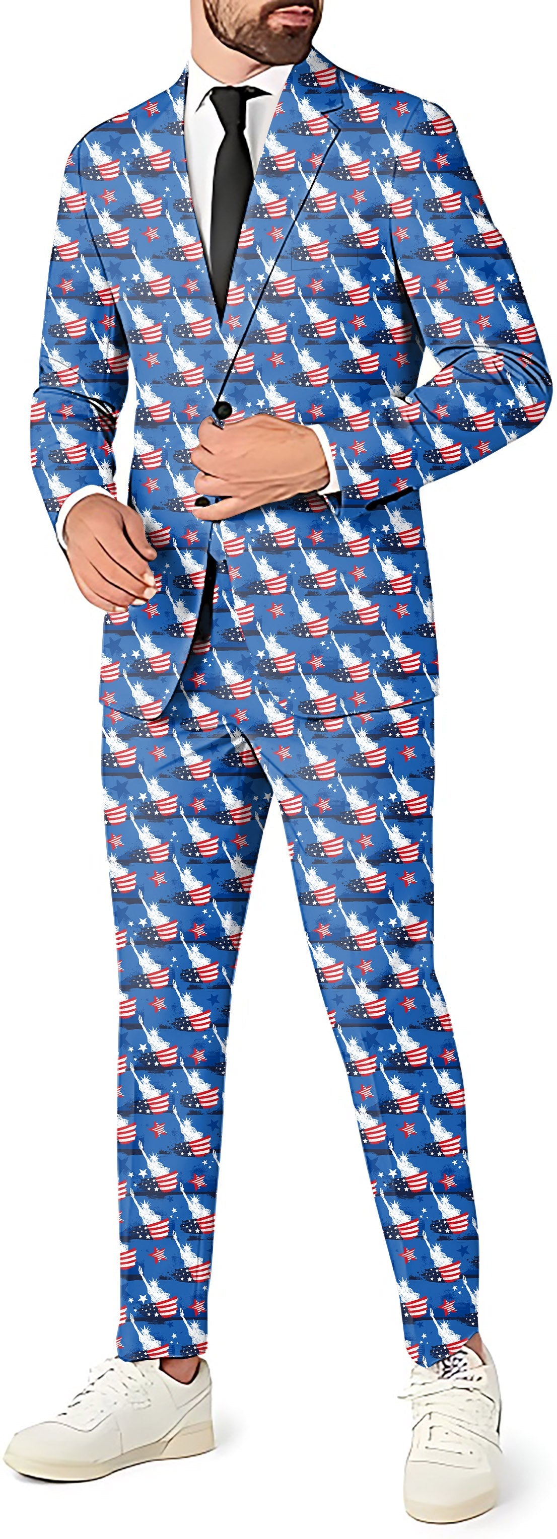 Liberty Men's party costume 3-piece suit with blazer, pants, and vest in patriotic print