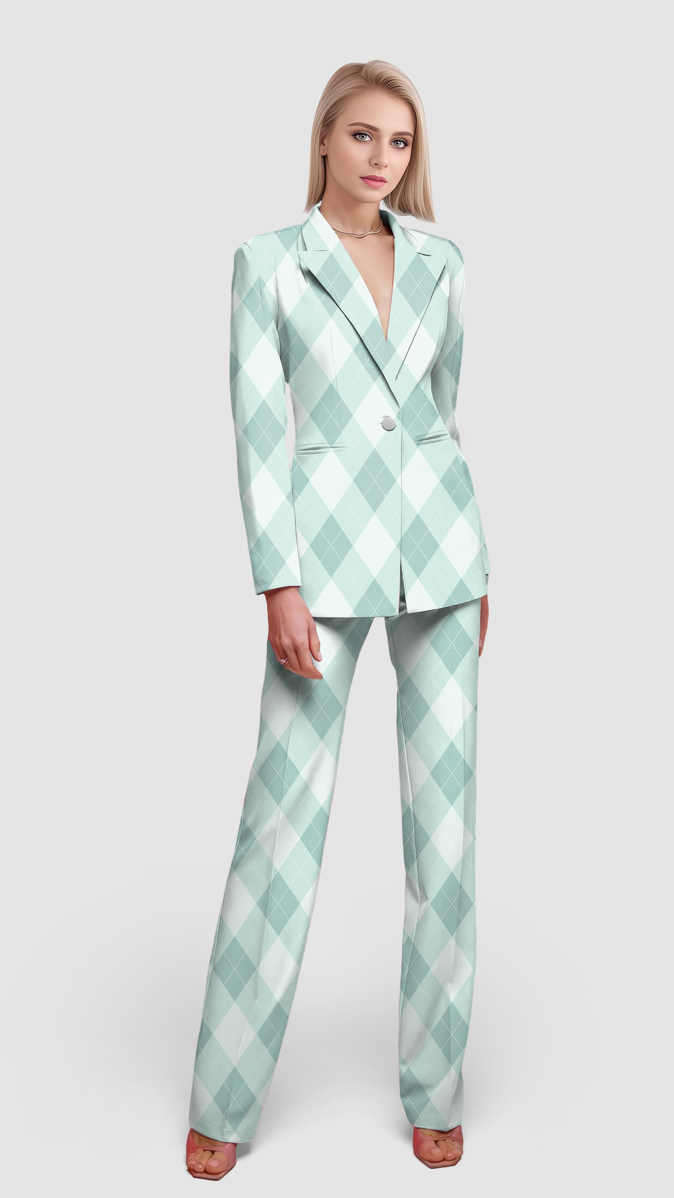Green argyle women's blazer with lapel collar and matching pants set for casual and office wear