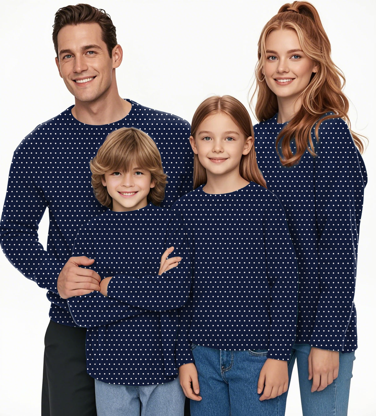 Navy blue with white polka dots Crewneck Pullover Ugly Sweater Men Women boy girl family