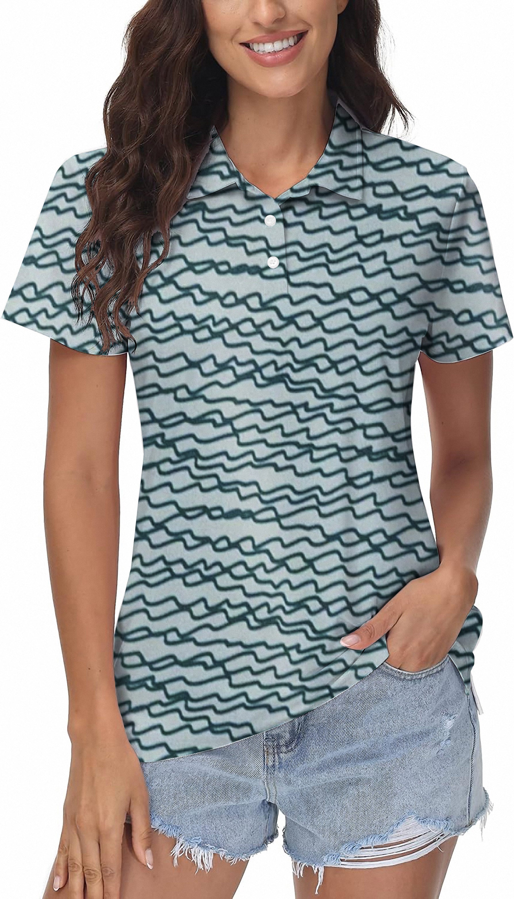 Women's green polo shirt with irregular wavy lines, moisture-wicking, wrinkle resistant, and UPF 40+ sun protection