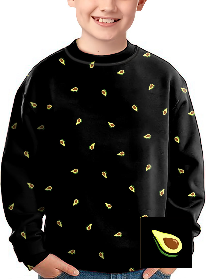 Kids black crewneck pullover with avocado pattern custom design