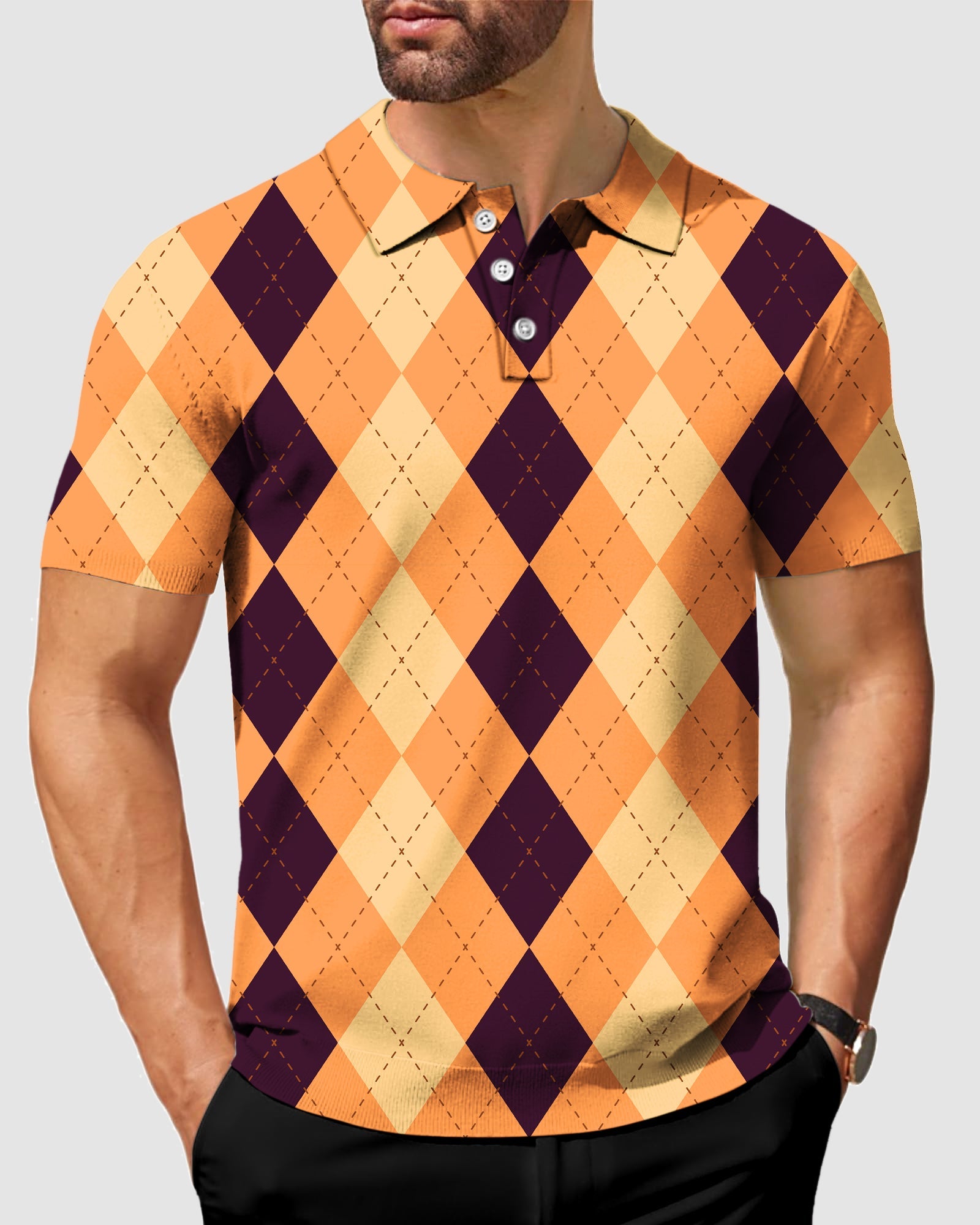Men's Halloween Black Light yellow orange argyle polo shirt with four-way stretch and moisture-wicking fabric