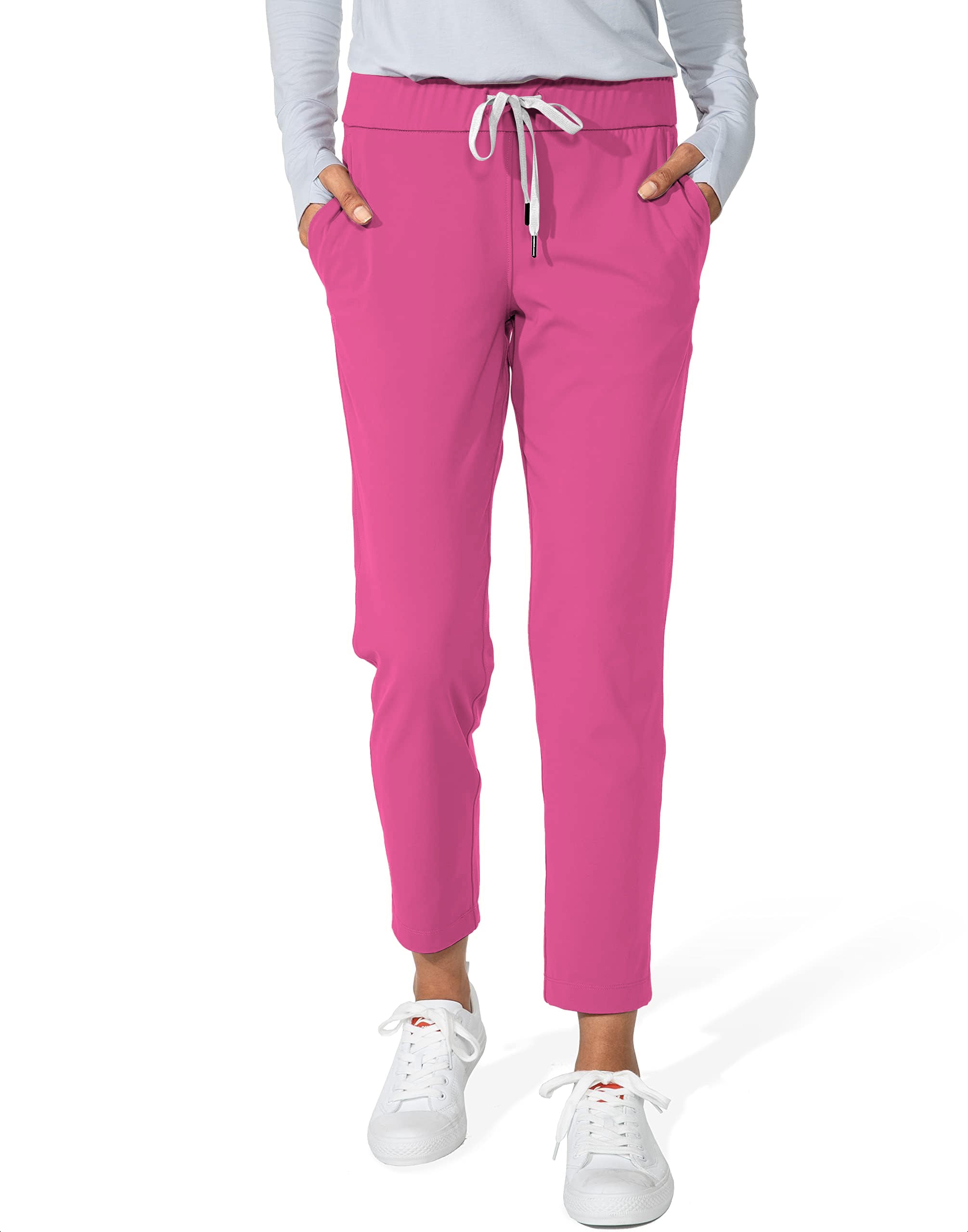 Women's pure fuchsia 7/8 stretch ankle golf pants with drawstring waist and pockets