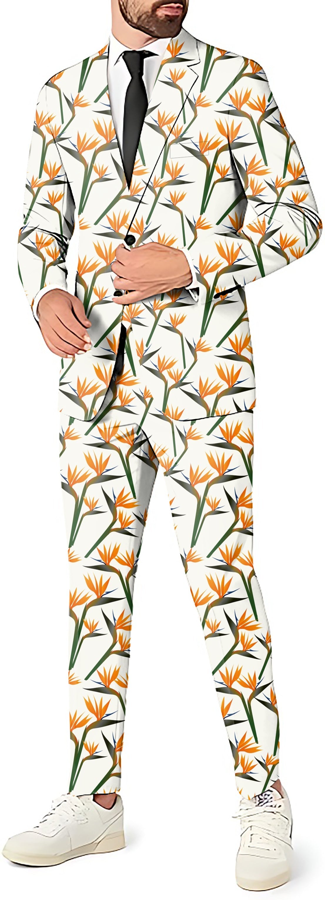 Youth Birds of Paradise men's party suit set with blazer, pants, and vest featuring tropical bird floral print