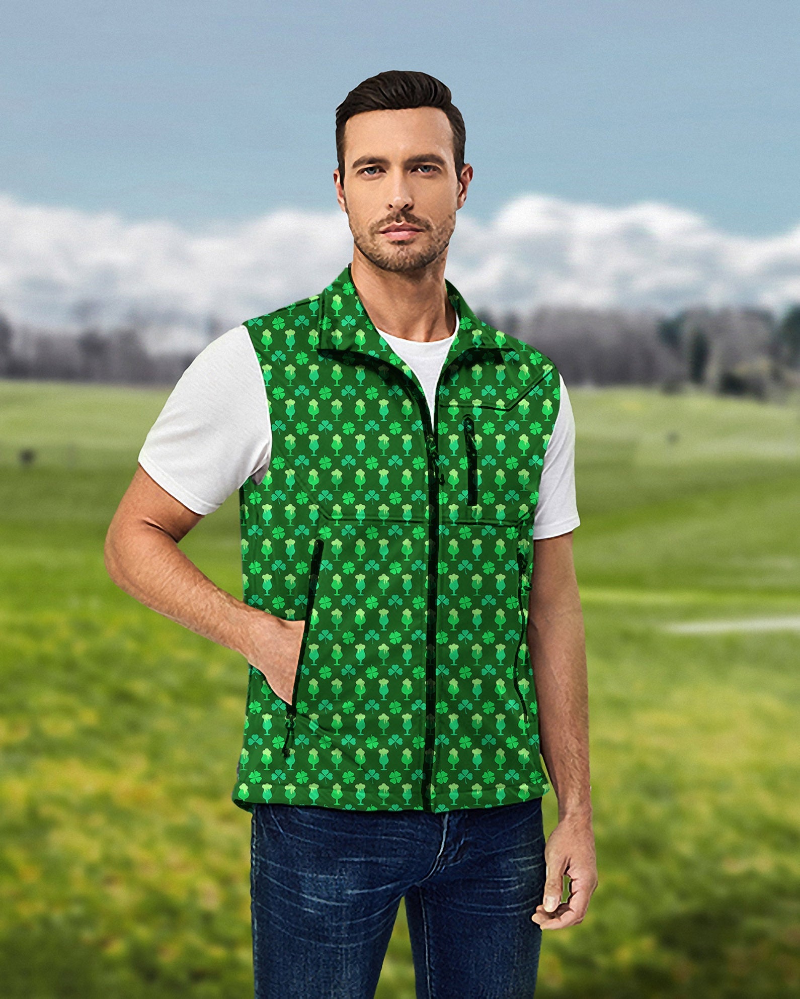 Men's green beer clover leaf St. Patrick's Day softshell sleeveless vest for golf, windproof and waterproof jacket