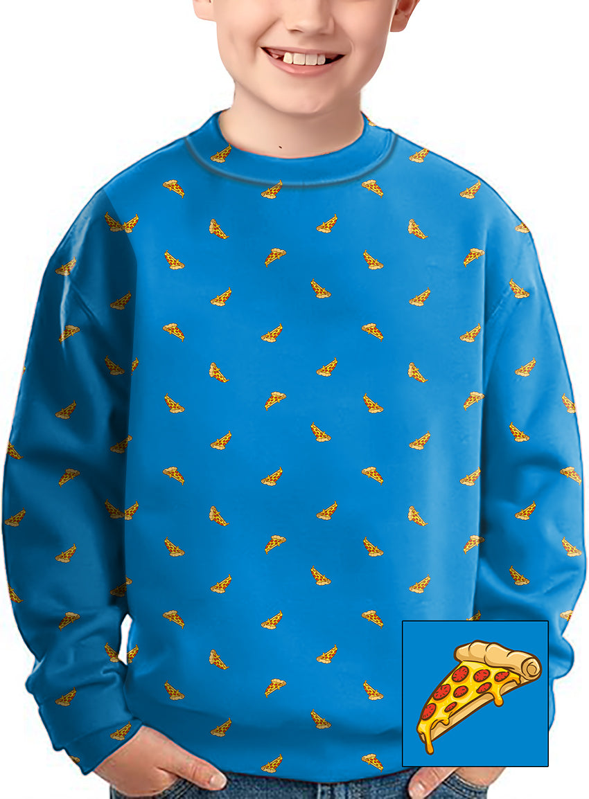 Kids crewneck pullover with delicious white pizza slice pattern on blue background