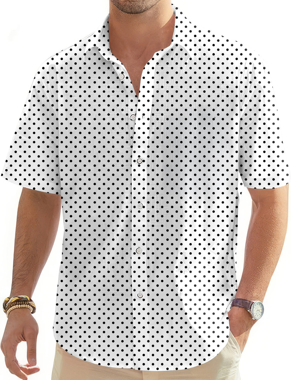 Black polka dots white background Men's Golf Hawaiian Shirts Button Down Shirt