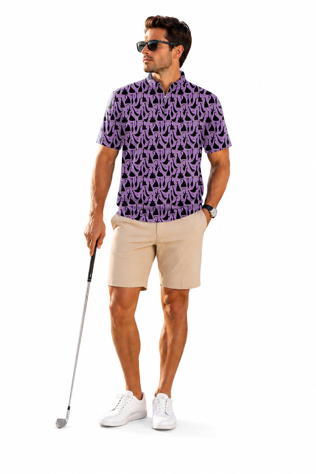 Men's Short Sleeve Quarter Zip Golf Pullover Black Goose Purple Embroidery