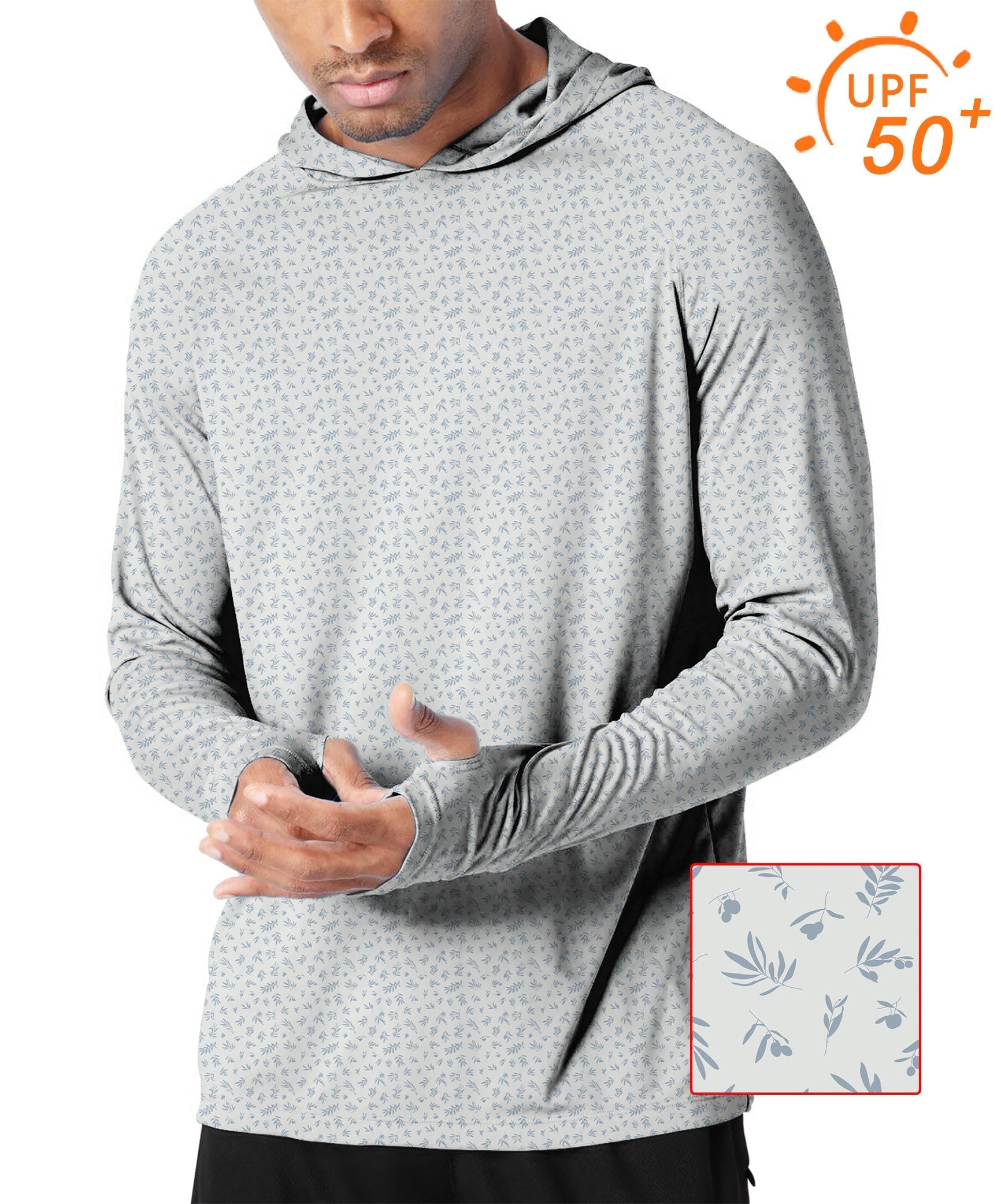 Men's outdoor slim fit hoodie with leaves and fruits pattern, UPF 50+ sun protection, breathable moisture-wicking fabric.