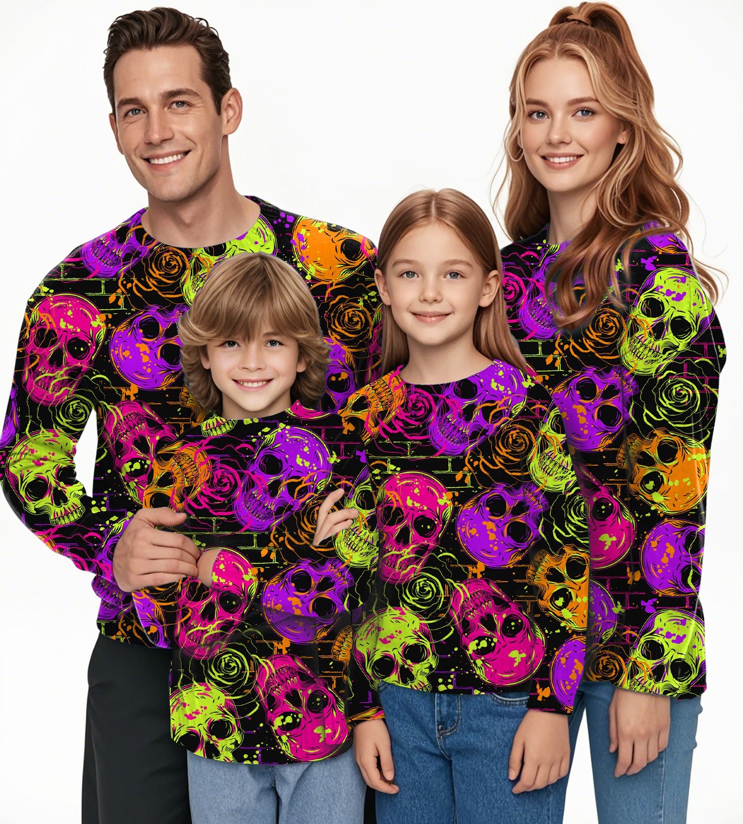 Family wearing Halloween colors skull crewneck pullover ugly sweaters