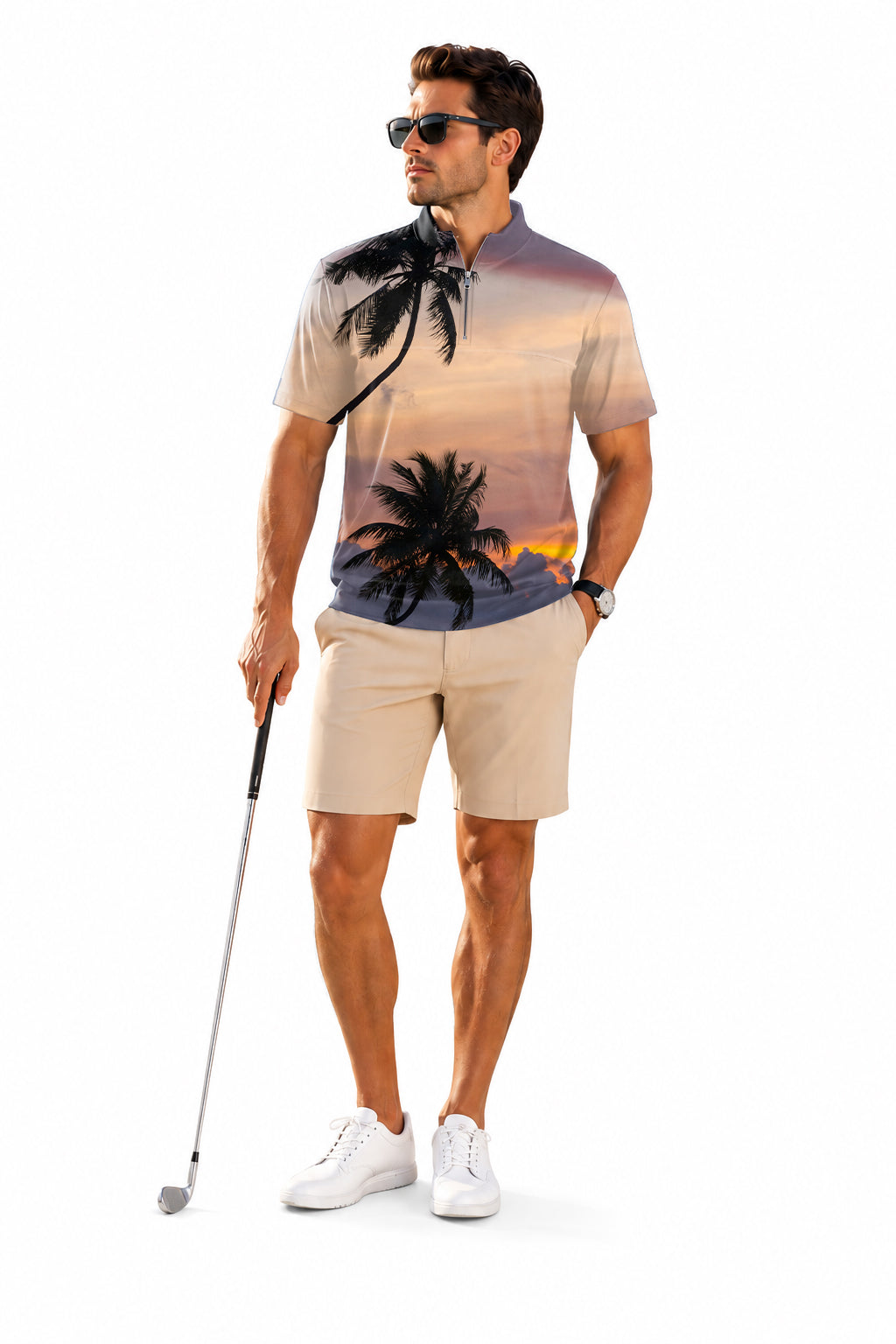 Men's Short Sleeve Quarter Zip Golf Pullover Sunset Palm Tree Embroidery