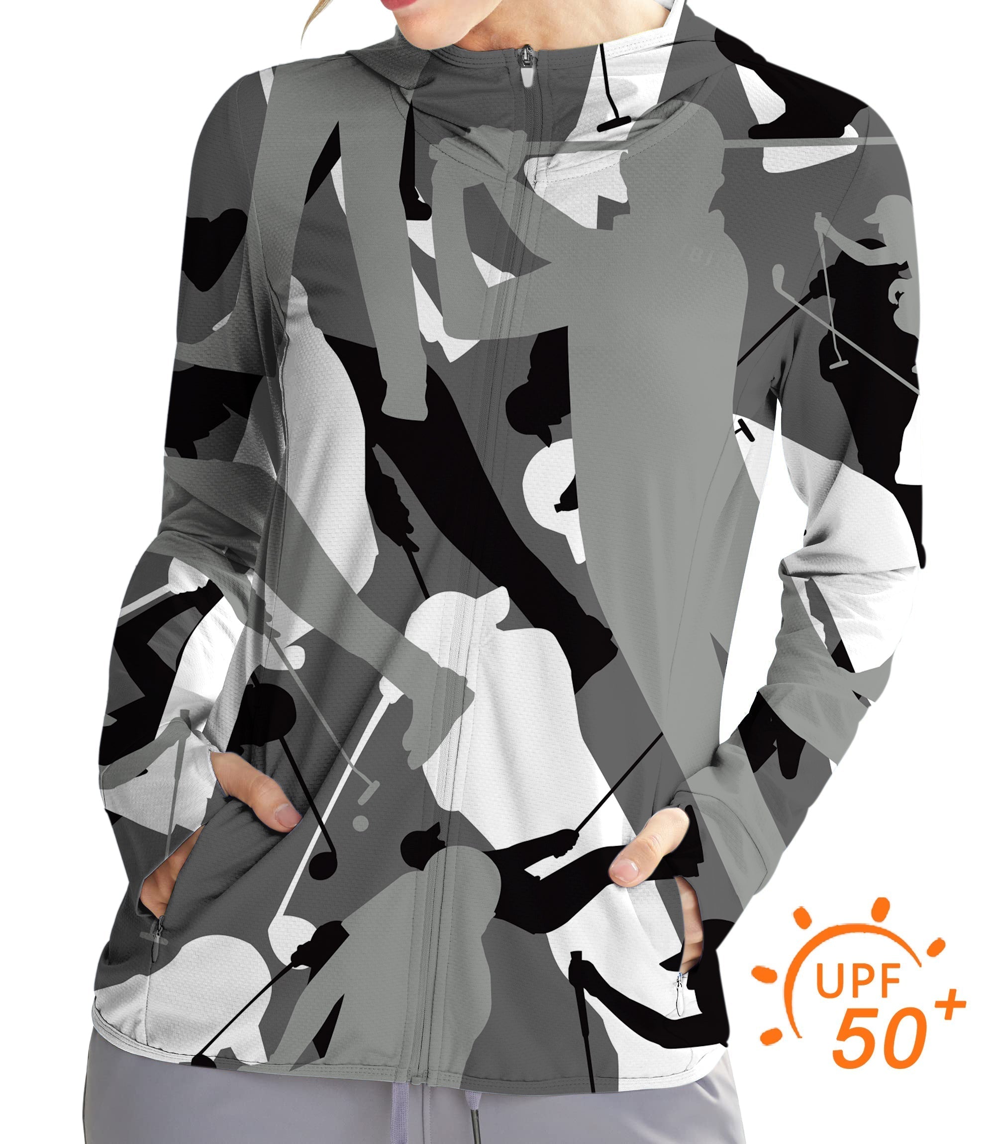 Women's outdoor black and white golf sun protection slim fit zip hoodie with UPF 50+ and thumb holes